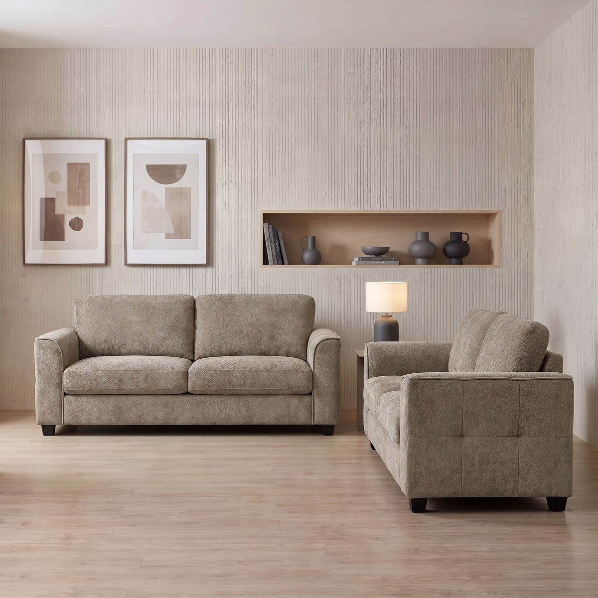 Combo Sofá 3 Puestos Dhalay Chenille Beige + Sofá 2 Puestos Dhalay Chenille Beige