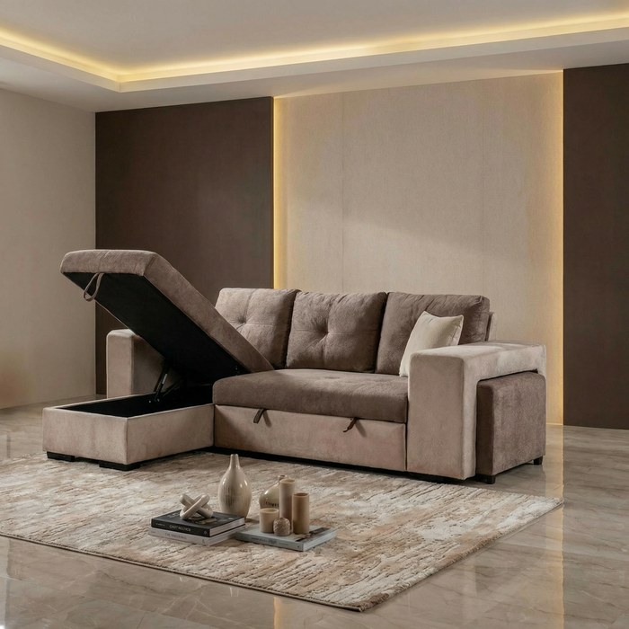 Sala Cama Timoteo Eurocuero Beige, Chocolate