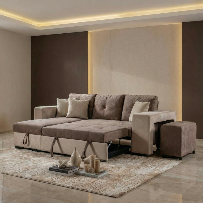 Sala Cama Timoteo Eurocuero Beige, Chocolate