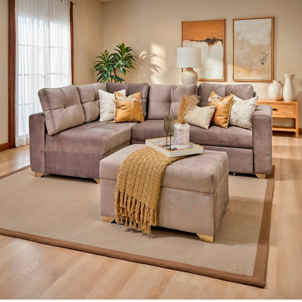 Sala Rinconera Chicago Lino Taupe, Champaña — Muebles Jamar Panamá