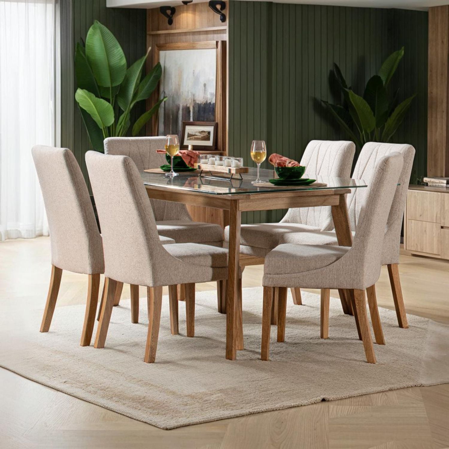 Comedor 6 Puestos Ivory Crudo, Natural Base para vidrio 6 Sillas