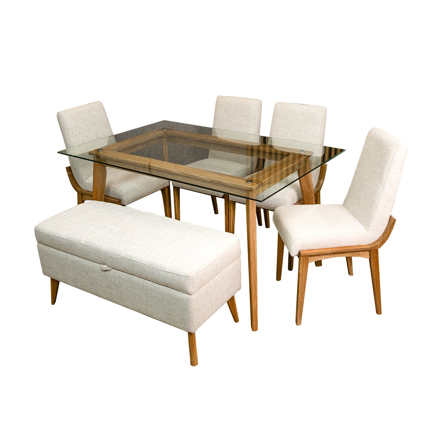 Comedor 6 Puestos Milenium Lino Crudo Base para Vidrio 4 Sillas + Butaca