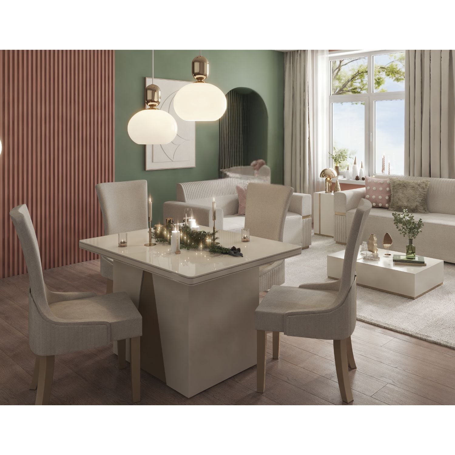 Comedor 4 Puestos Roma Eurolino Blanco Puro, Champaña