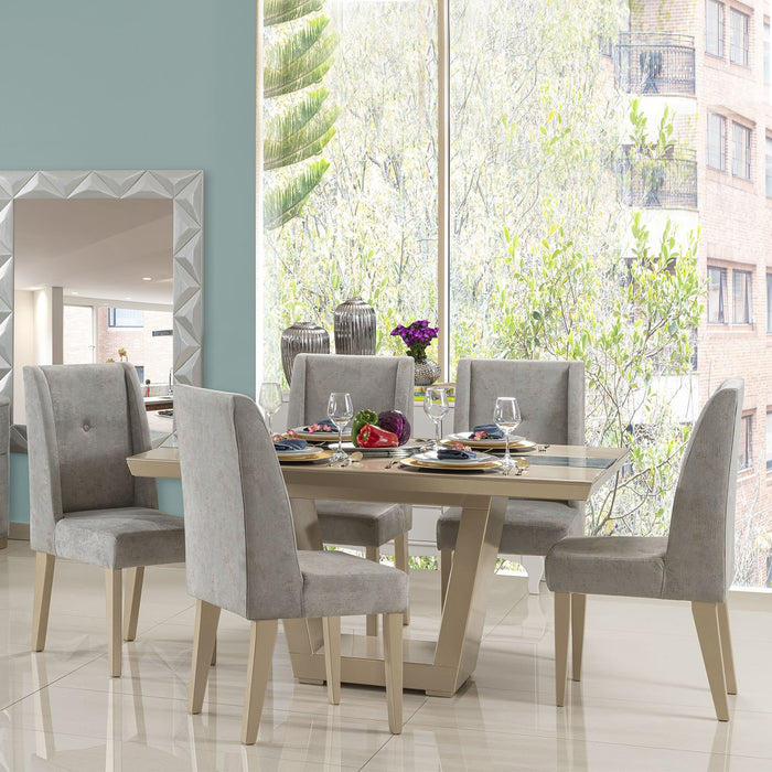 Comedor 6 Puestos Bulgary Lino Kingston Gris, Champaña