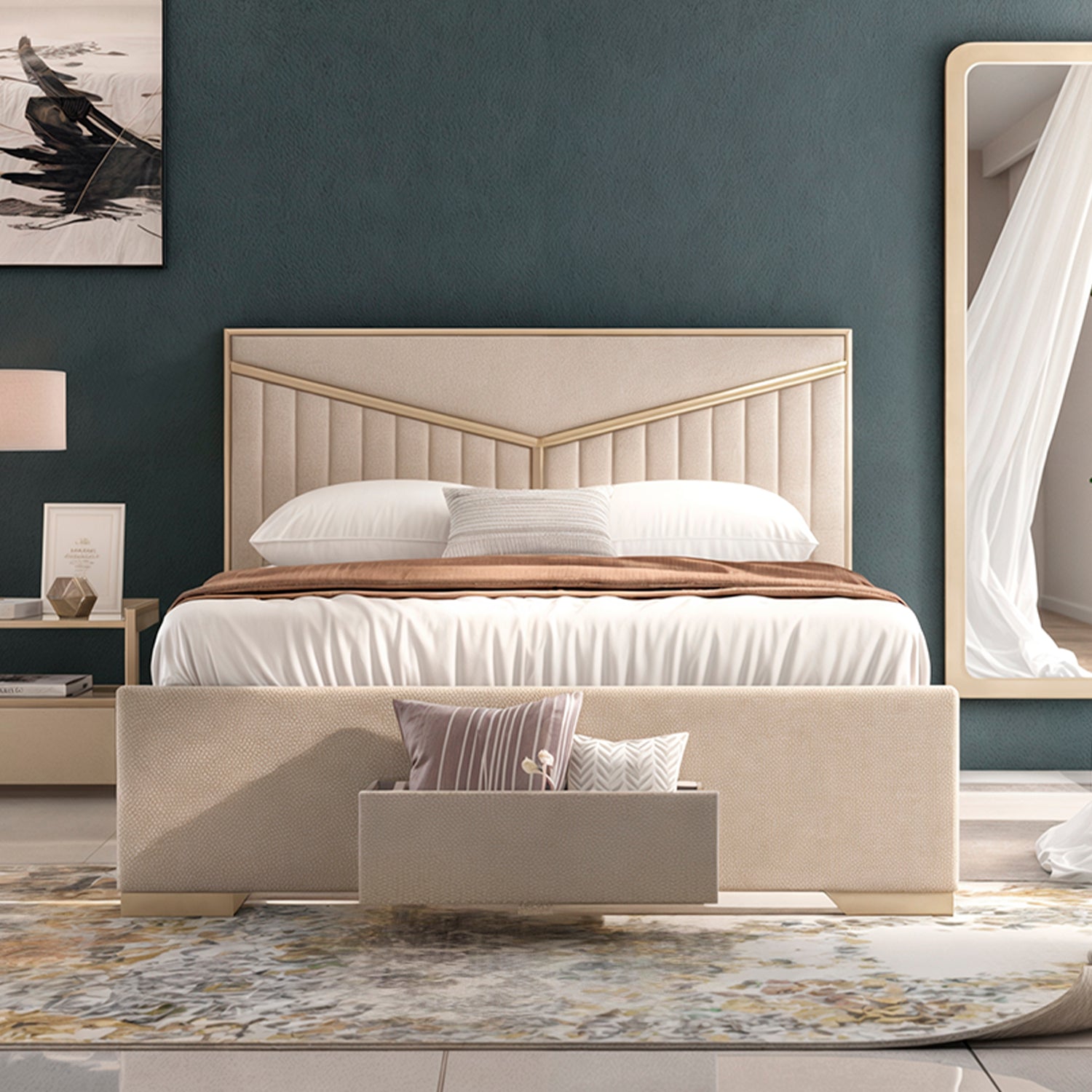 Cama Queen Versalles Beige, Champaña