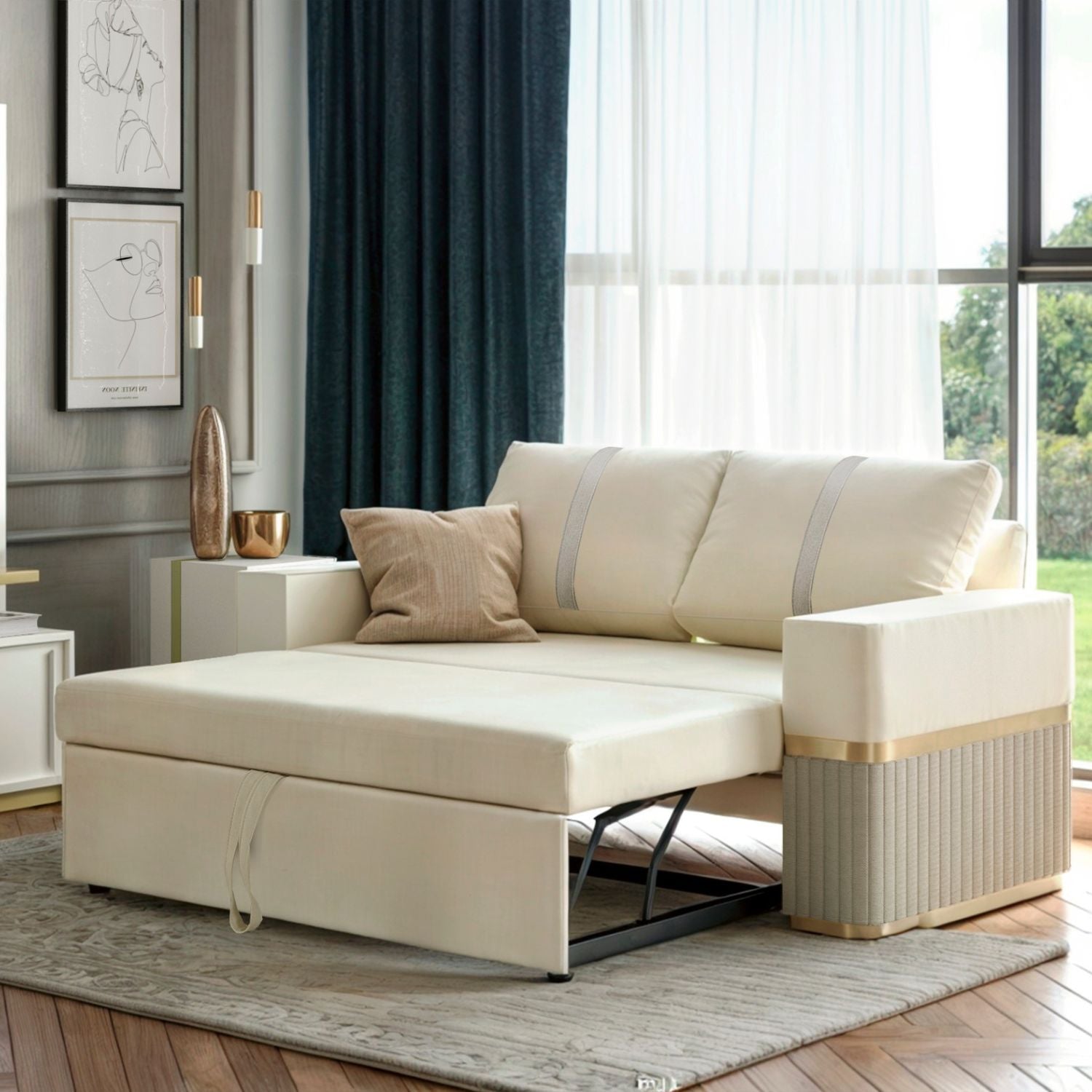 Sofá Cama Dior Eurolino Blanco, Beige y Champaña