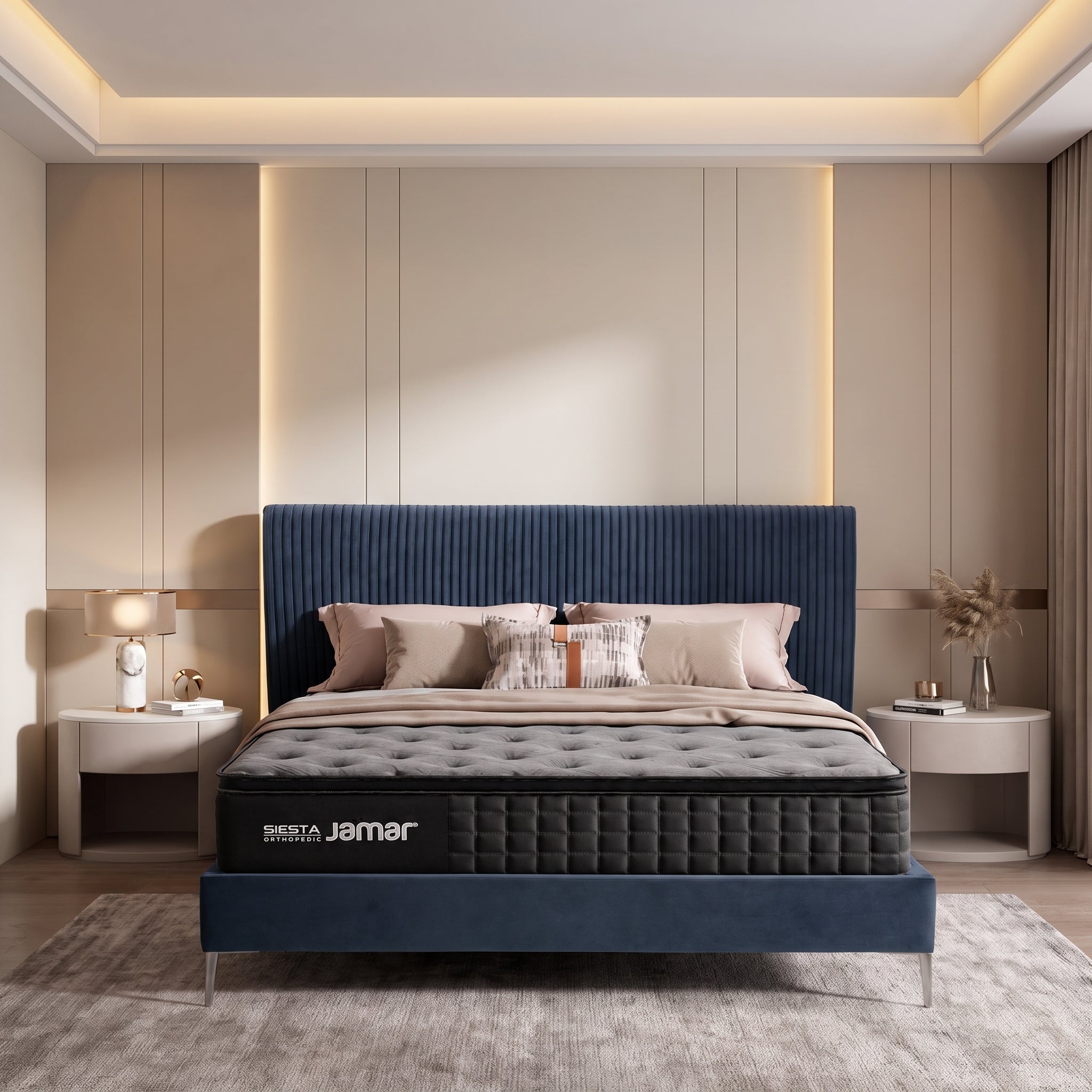 Combo Cama King Vilanova Velvet Azul + Colchón Siesta