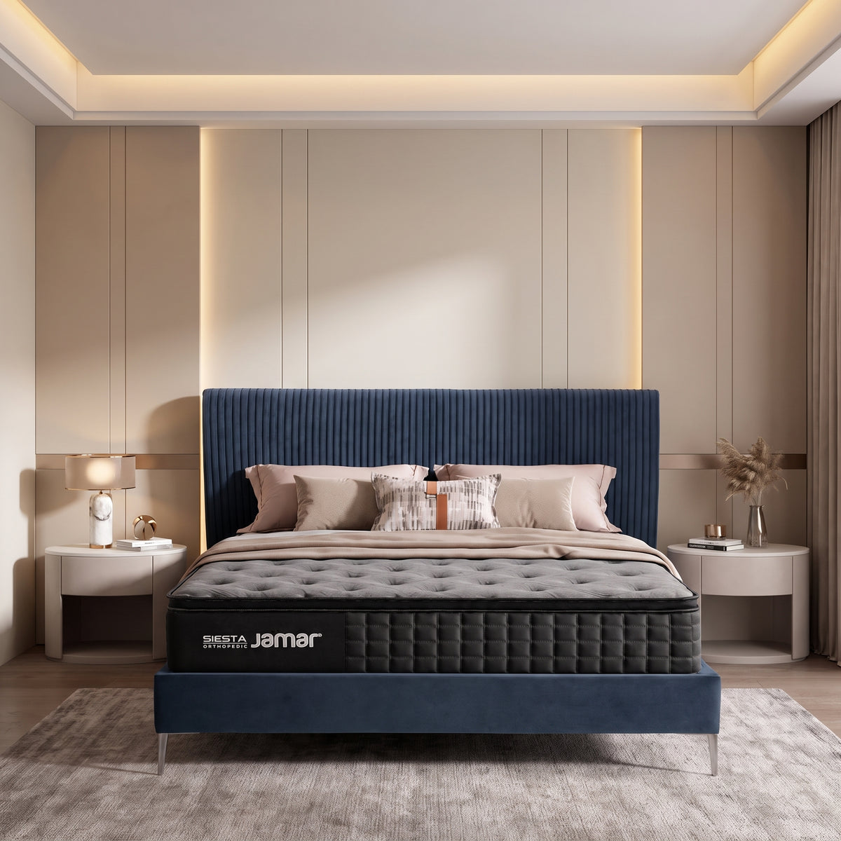 Combo Cama King Vilanova Velvet Azul + Colchón Siesta