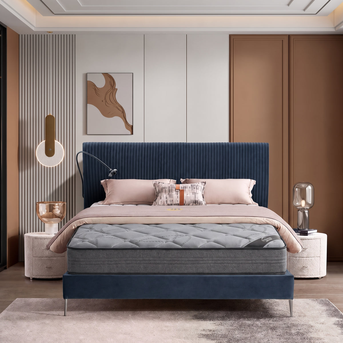 Combo Cama King Vilanova Velvet Azul + Colchón Armonia Gris