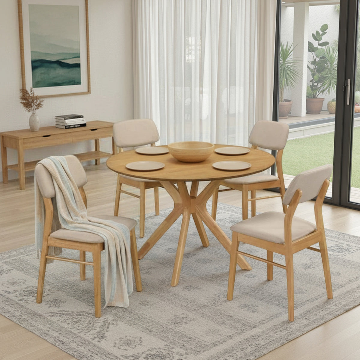 Comedor 4 Puestos Gales Lino Beige, Natural Circular