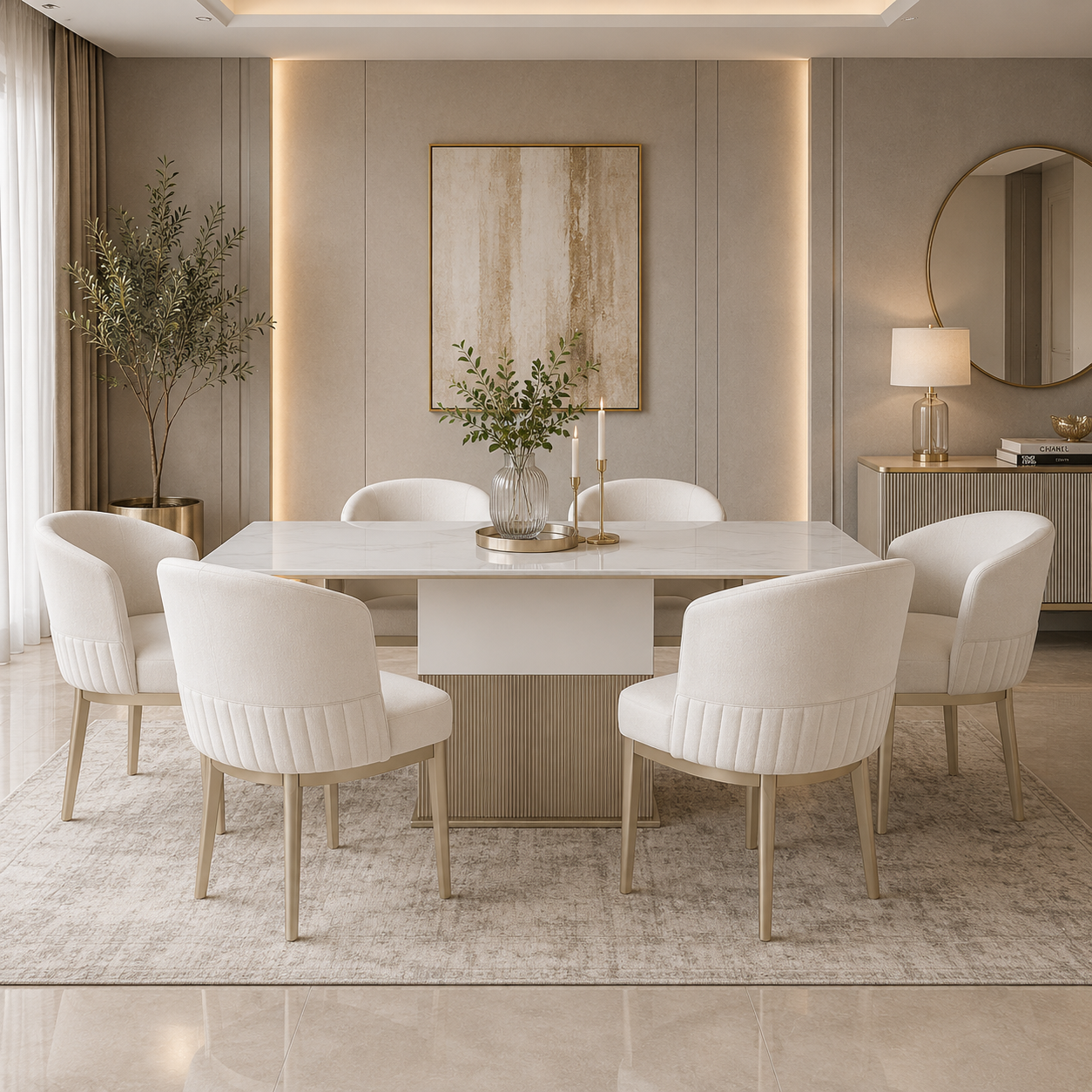 Comedor 6 Puestos Atlanta Eurolino Blanco, Champaña Base Para Vidrio