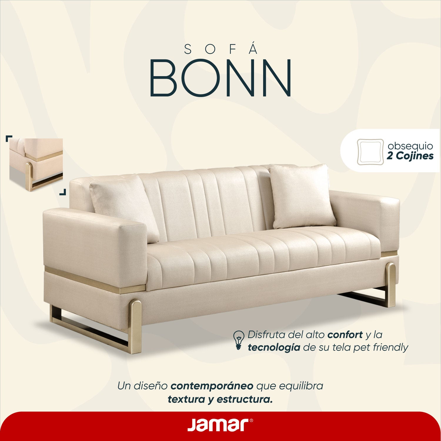 Sofá 3 Puestos Bonn Eurolino Premier Perla, Champaña