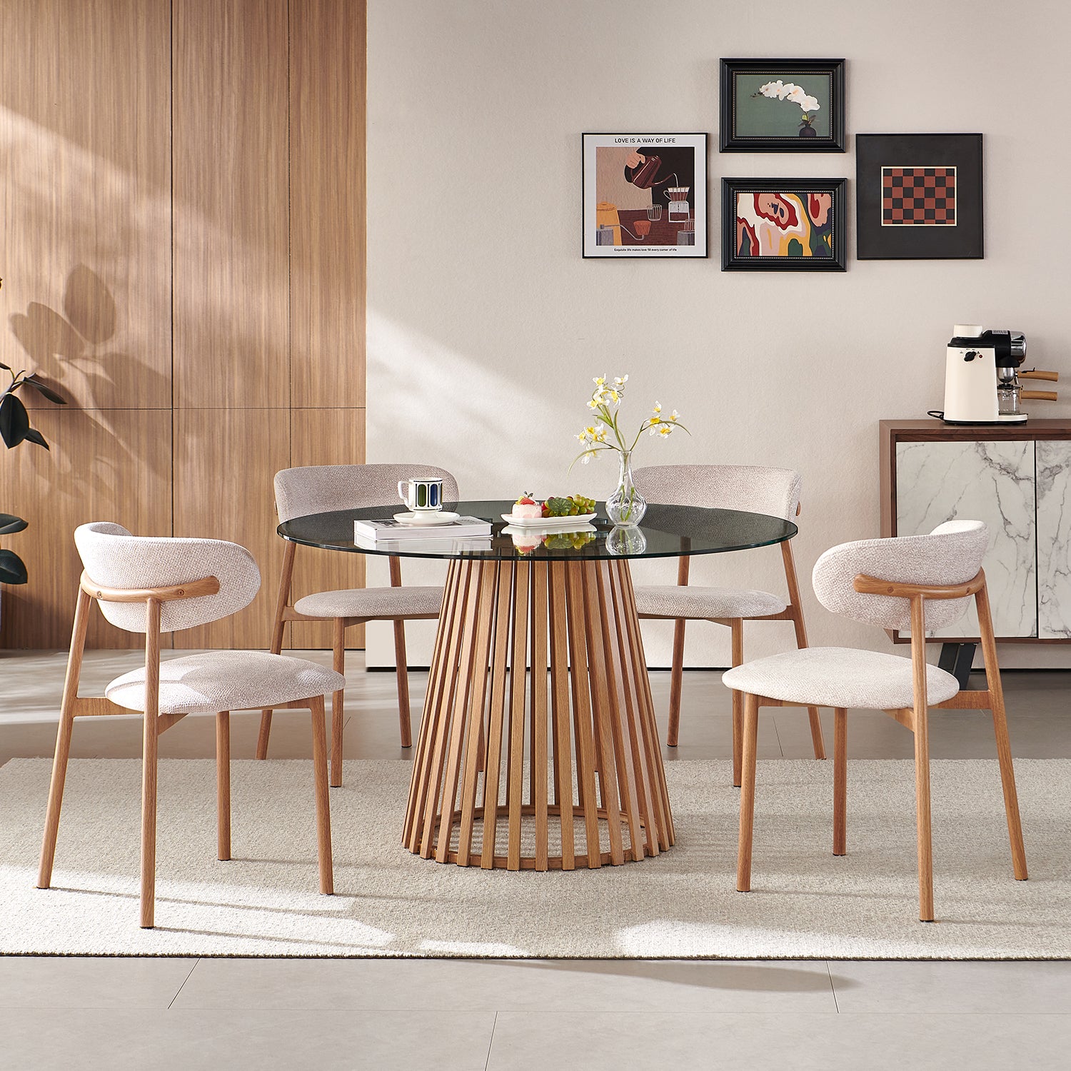 Comedor 4 Puestos Donato Beige, Natural Glass