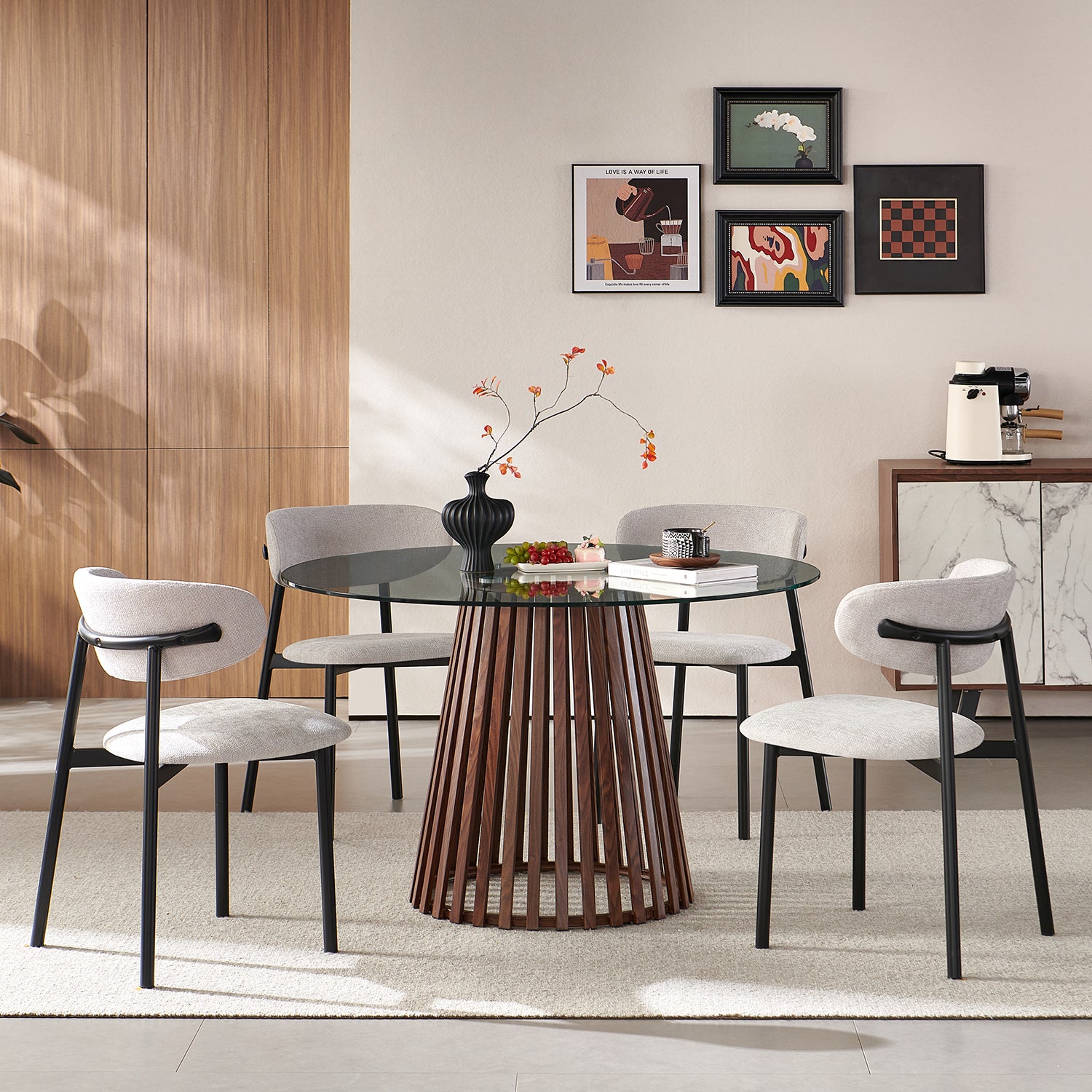 Comedor 4 Puestos Donato Beige, Natural Oscuro Glass