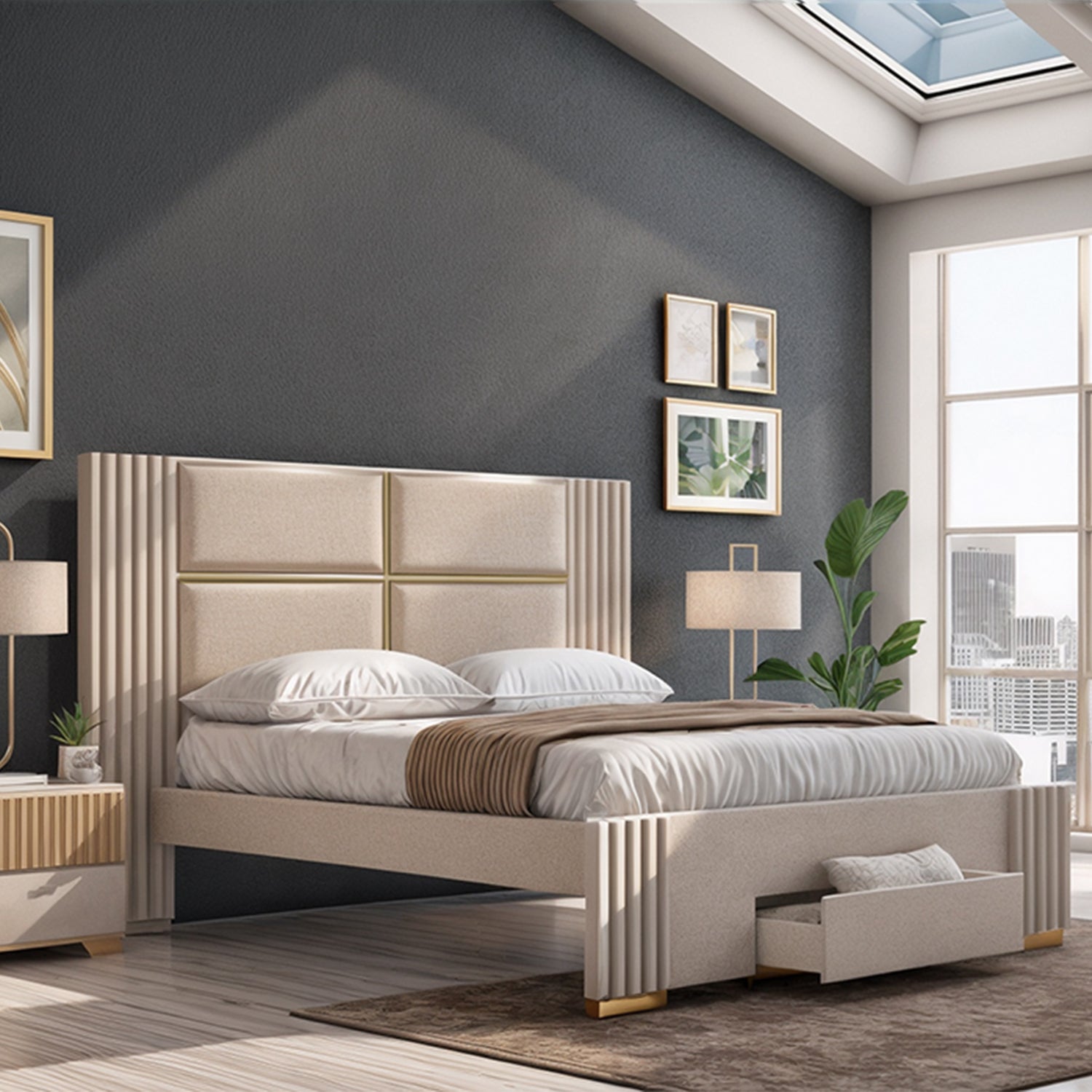 Cama Queen Texas Beige, Off White, Champaña