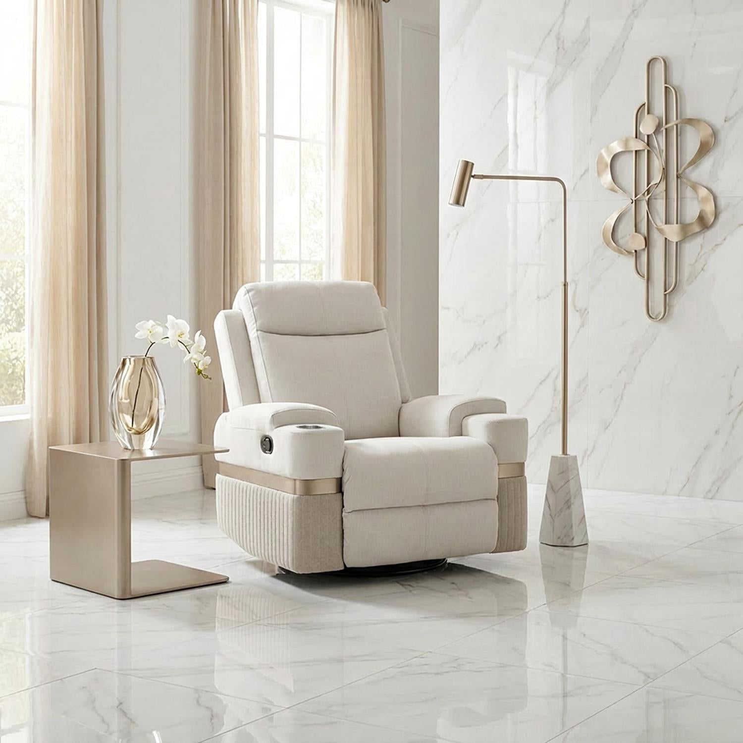 Silla Reclinable Giratoria Mecedora Dior Eurolino Blanco Puro, Champaña