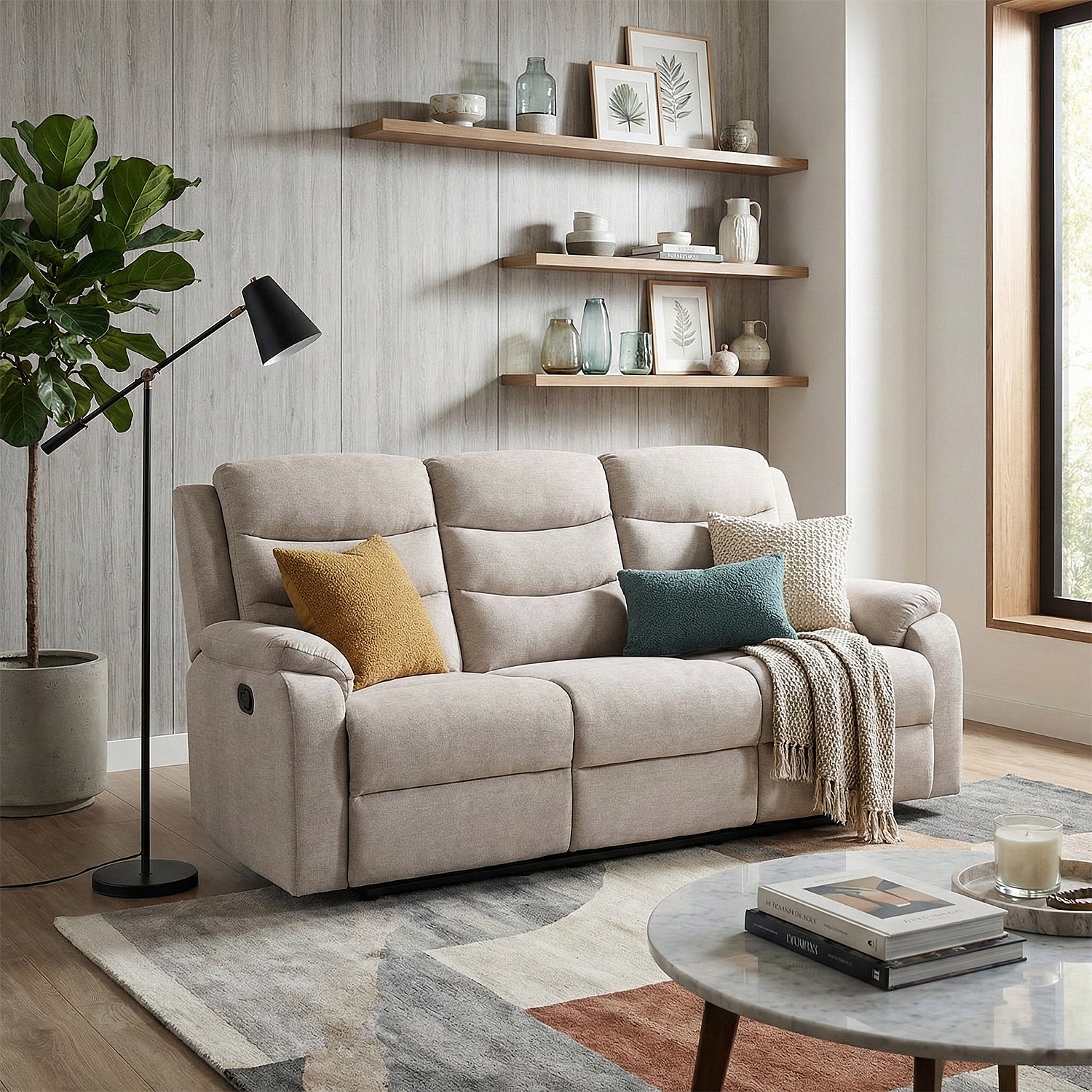 Sofá Reclinable 3 Puestos Cliford Chenille Beige