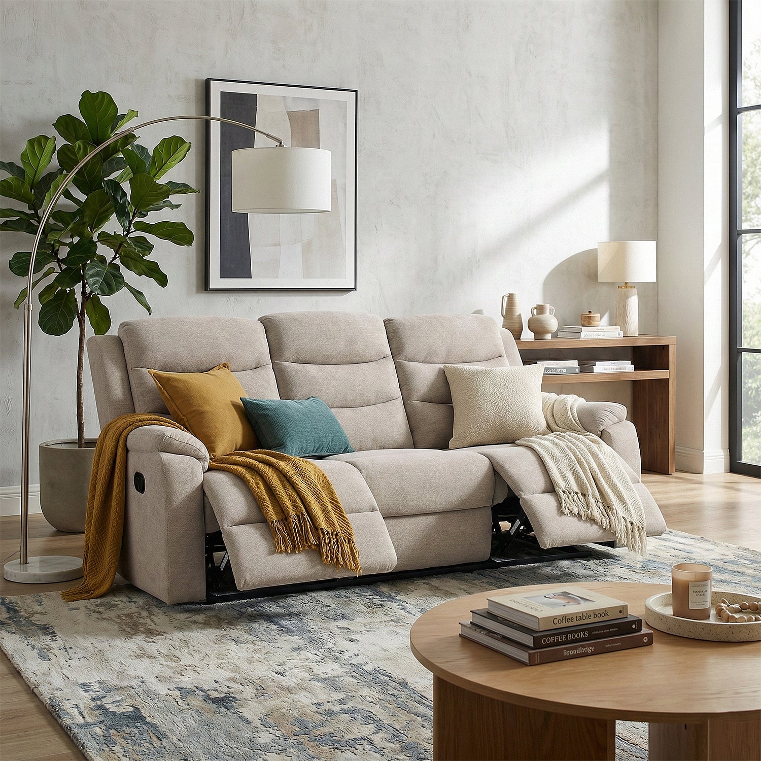 Sofá Reclinable 3 Puestos Cliford Chenille Beige