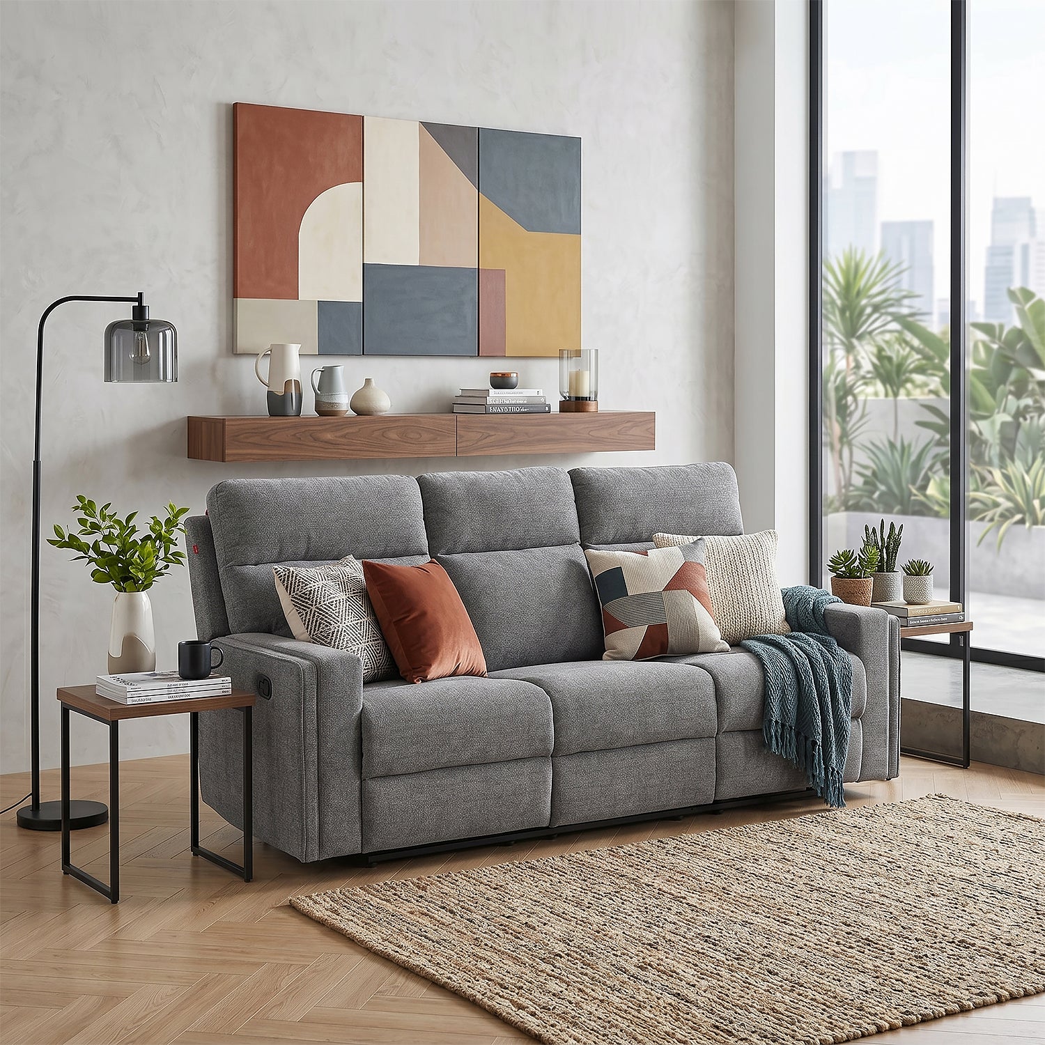 Sofá Reclinable 3 Puestos Beckel Chenille Gris