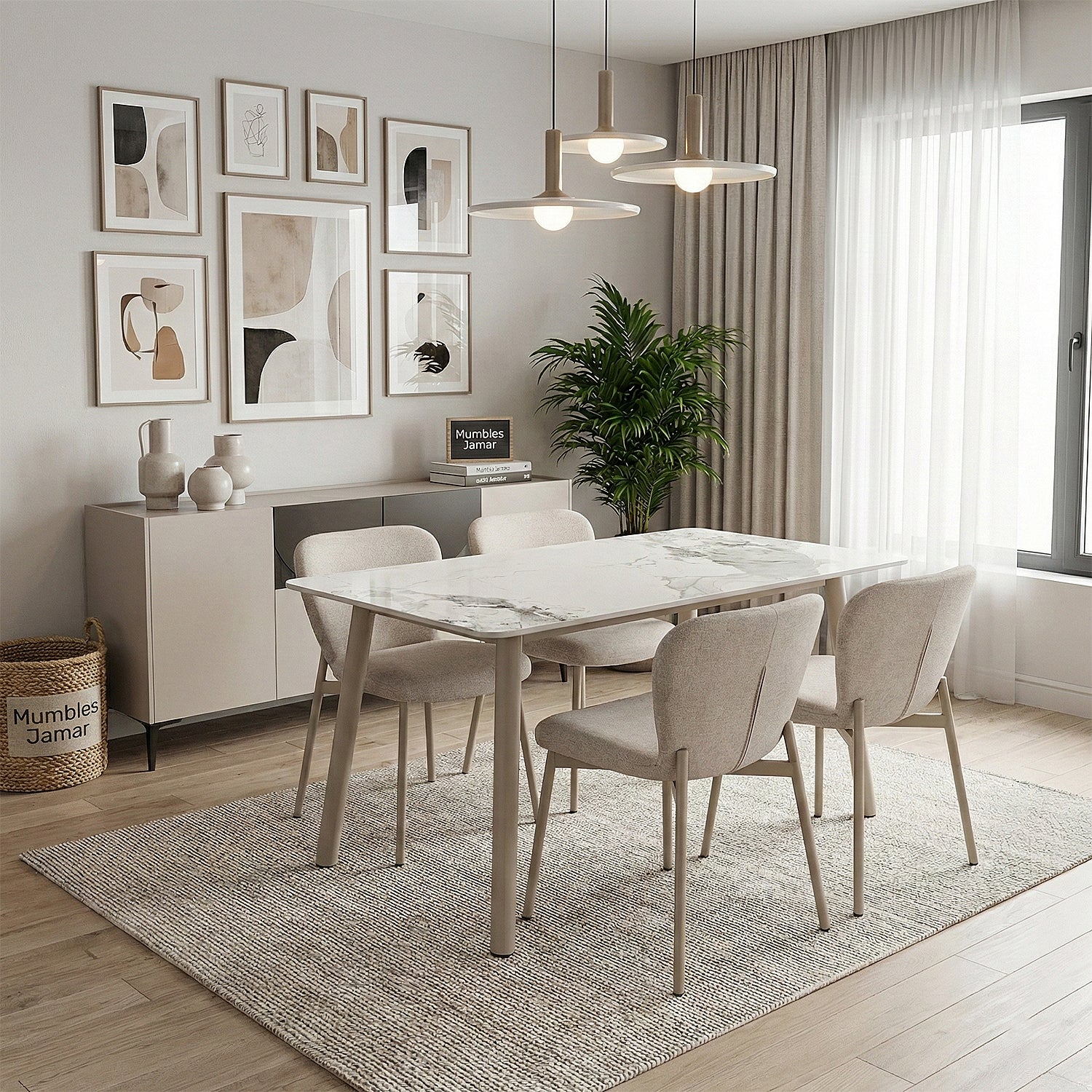 Comedor 4 Puestos Fizz Chenille Beige, Marmolado