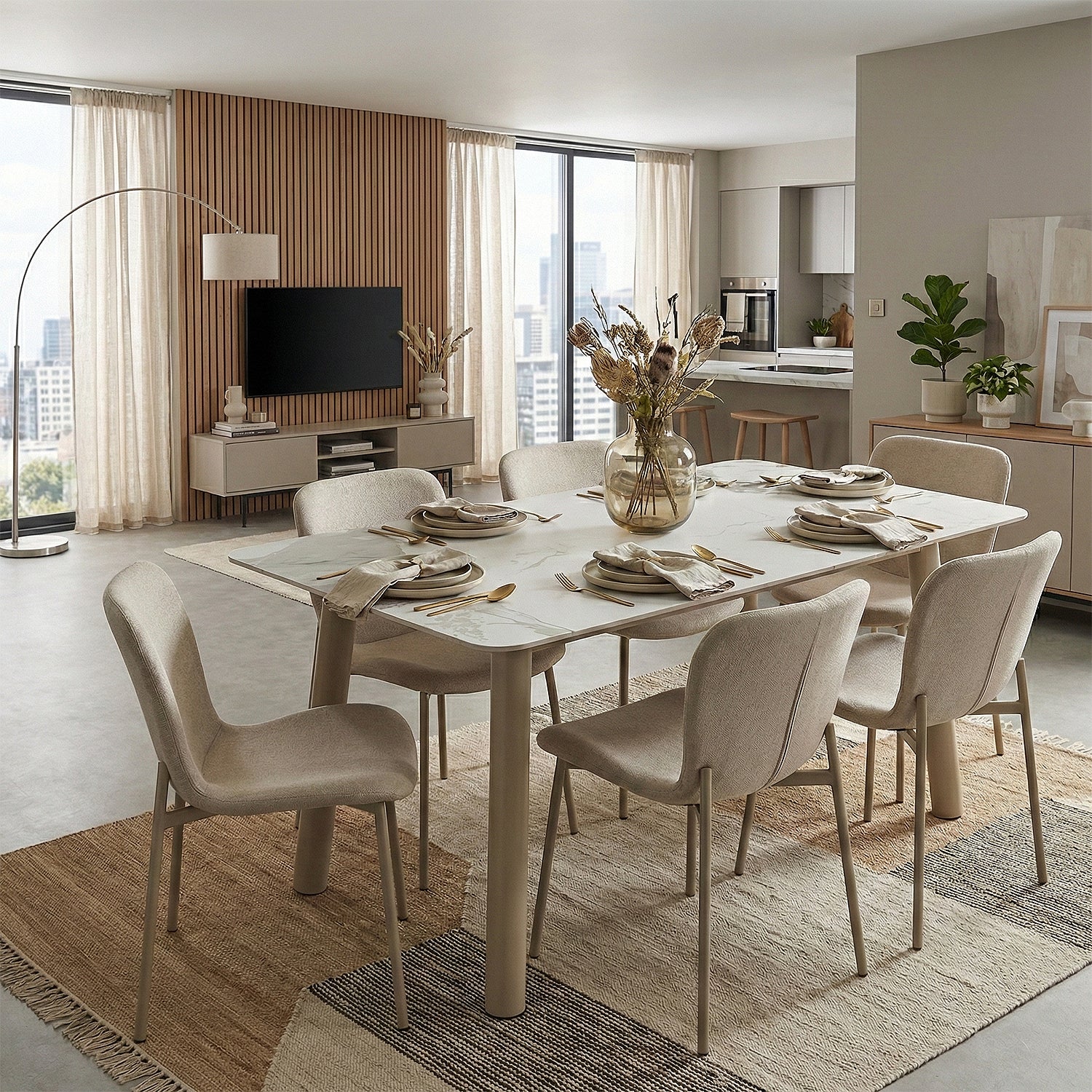 Comedor 6 Puestos Fizz Chenille Beige, Marmolado