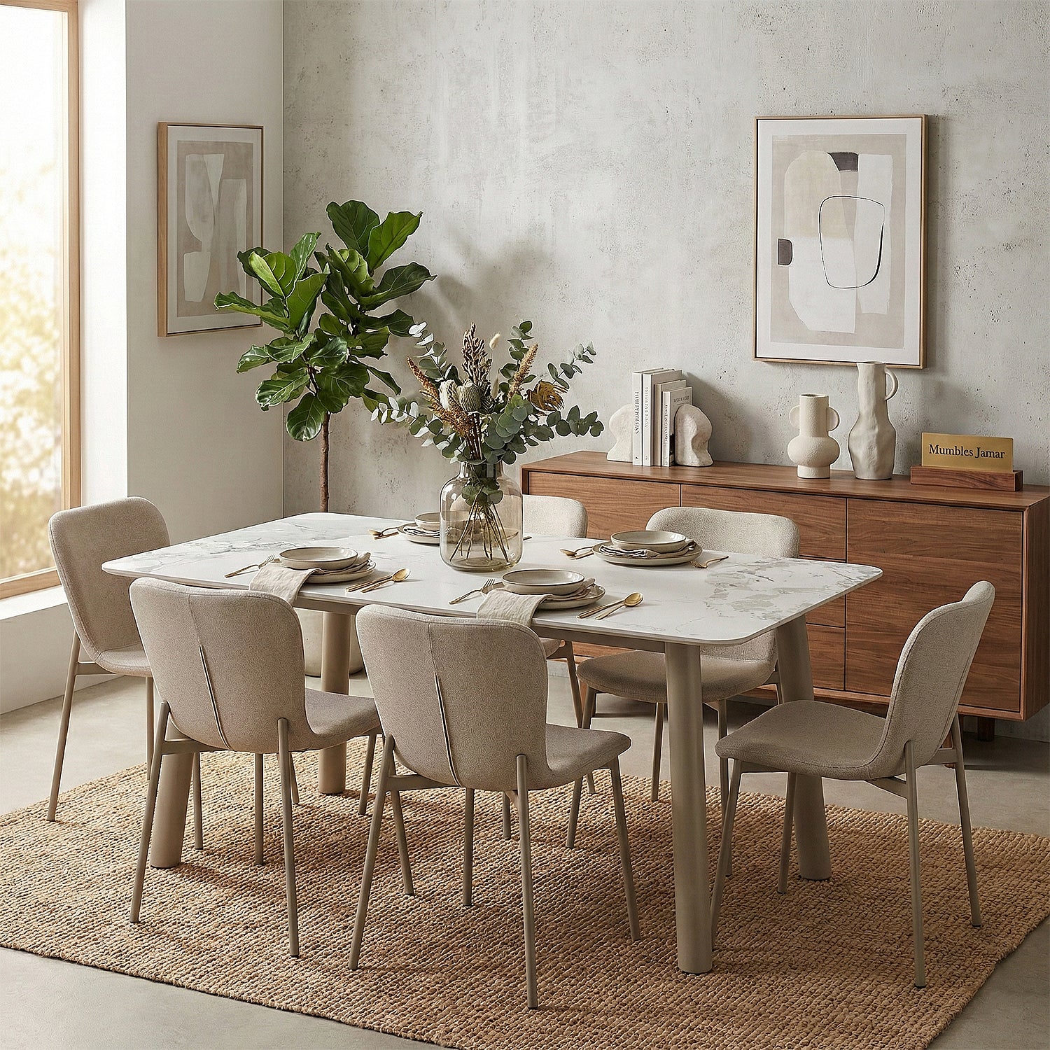 Comedor 6 Puestos Fizz Chenille Beige, Marmolado
