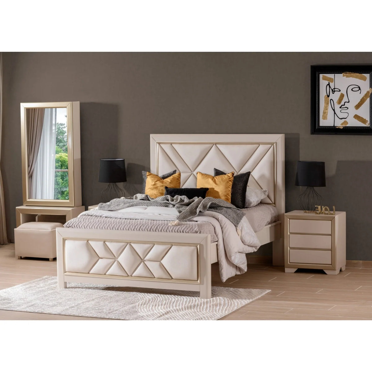 Cama Full Marriot Eurolino  Beige, Greige, Champaña