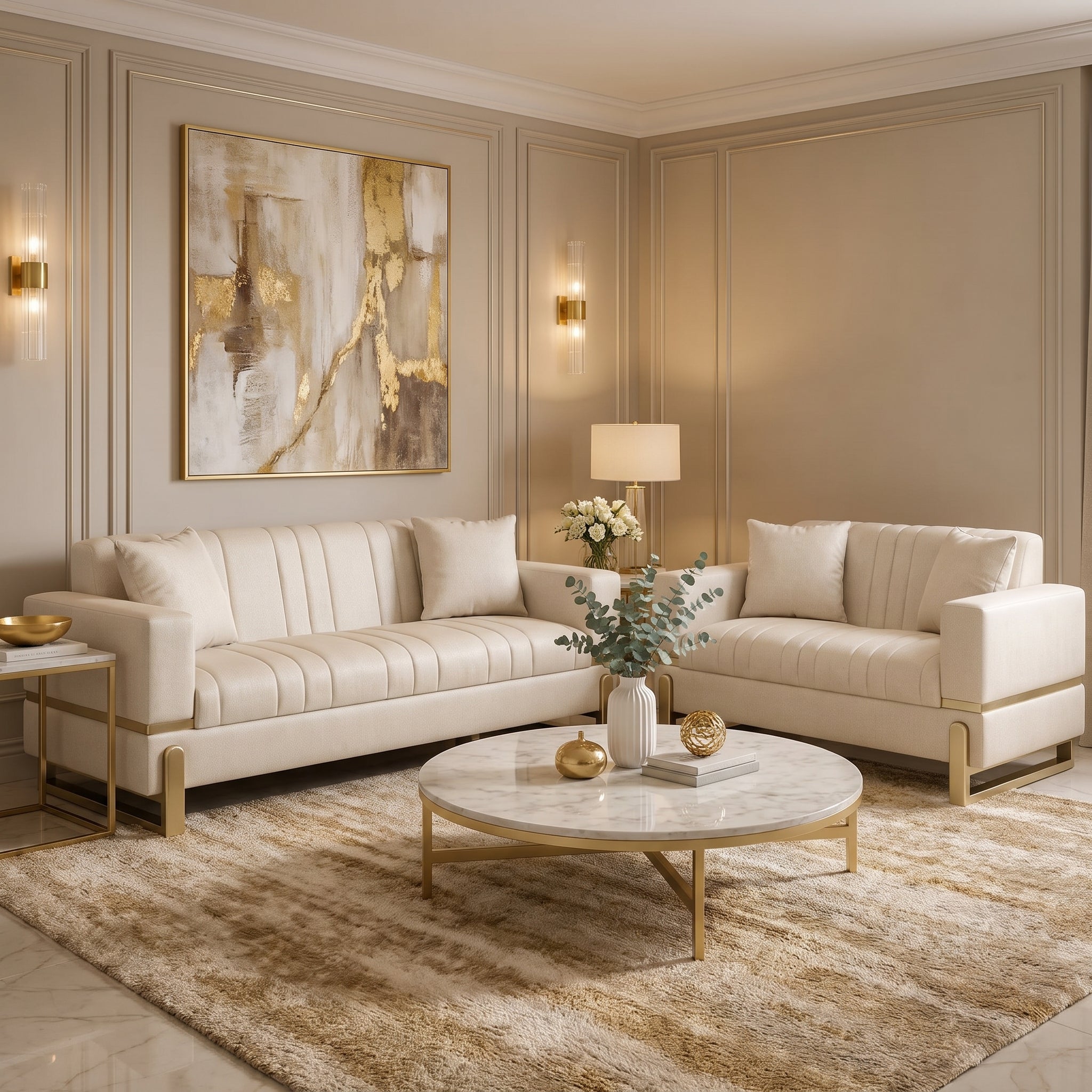 Combo Sofá 3 Puestos Bonn Eurolino Premier Perla, Champaña + Sofá 2 Puestos Bonn Eurolino Premier Perla, Champaña