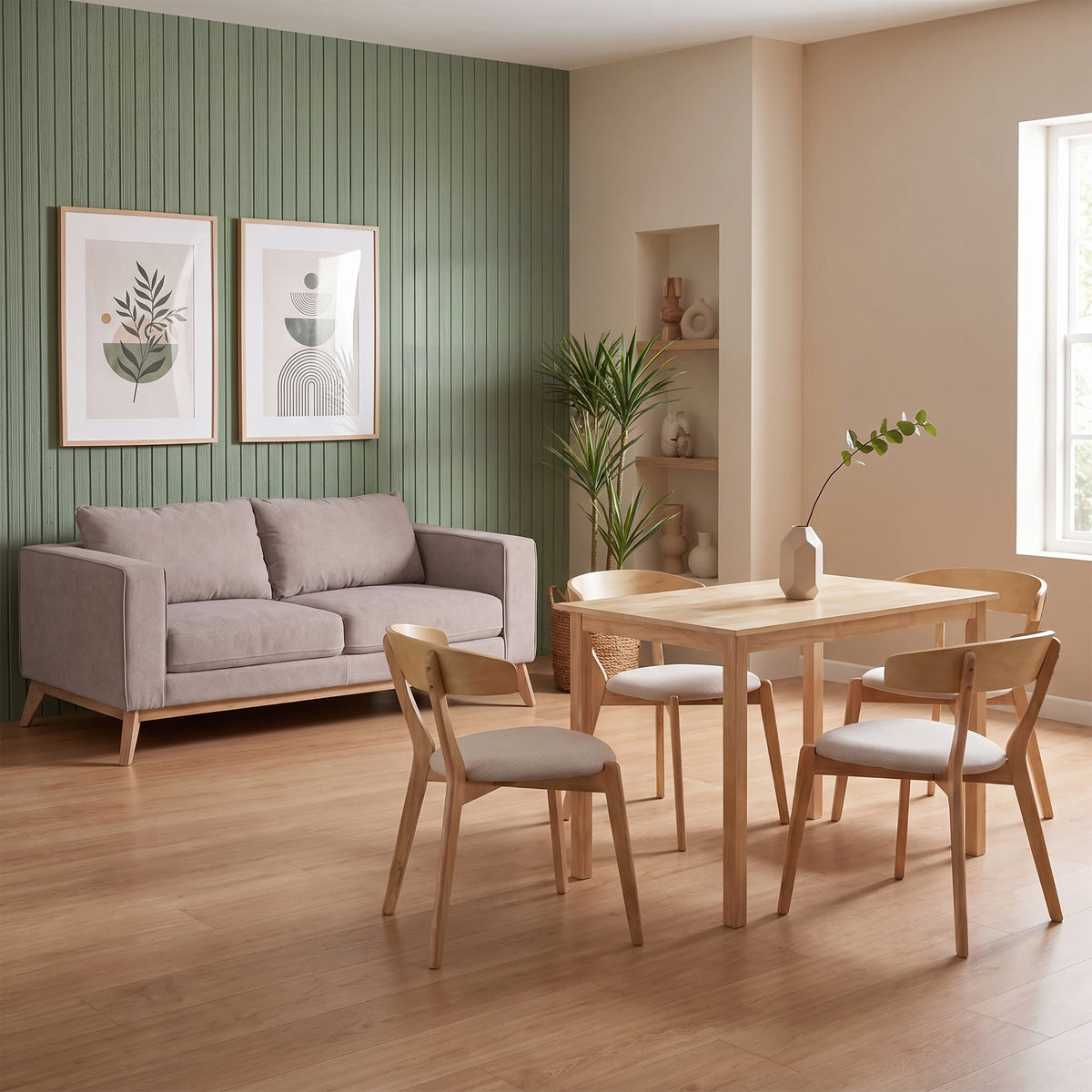 Combo Sofá 3 Puestos Burgos Microfibra Kazan Camel, Natural + Comedor 4 Puestos Zurich Natural, Beige