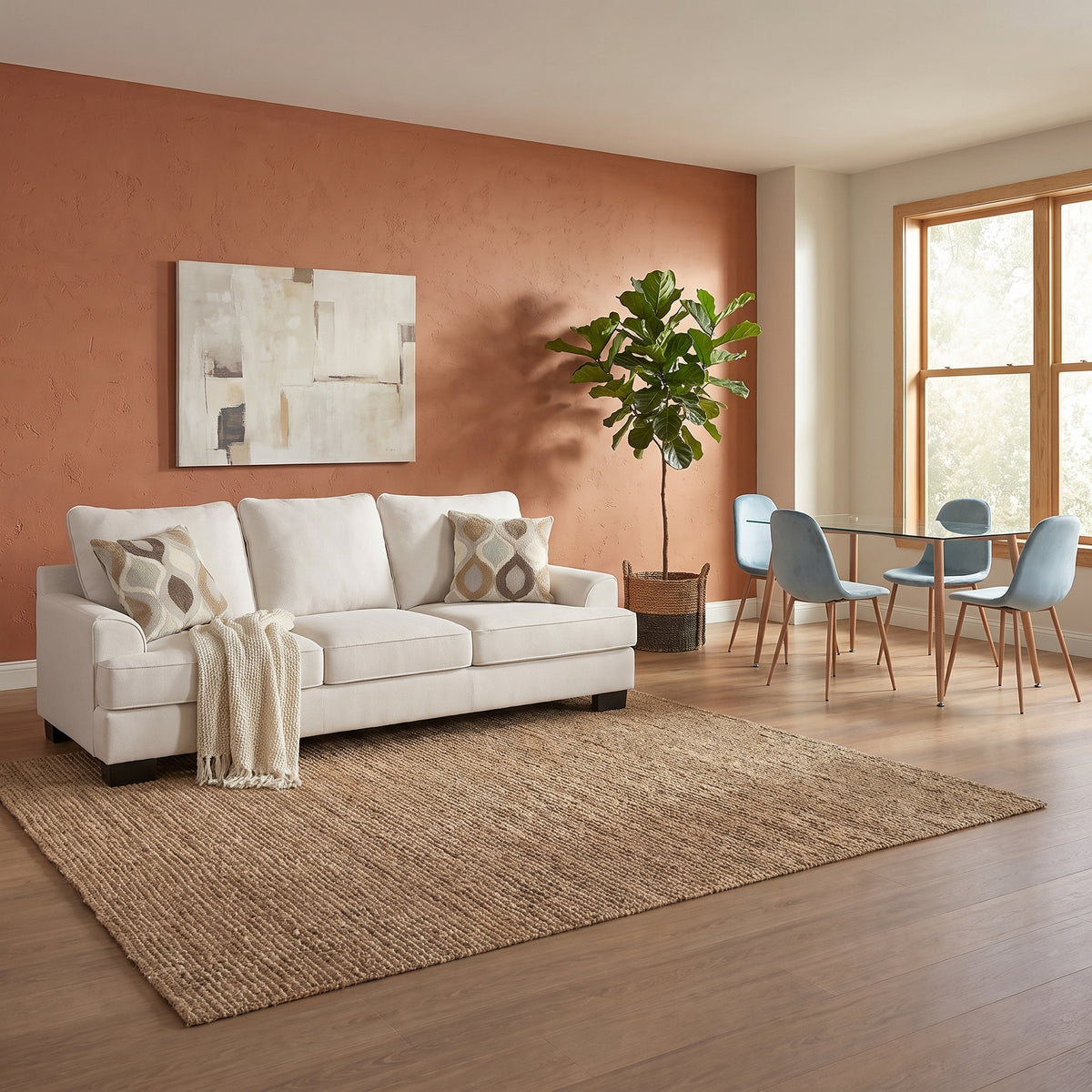 Combo Sofá 3 Puestos Connor Lino Beige + Comedor 4 Puestos Harrison Microfibra Natural, Menta