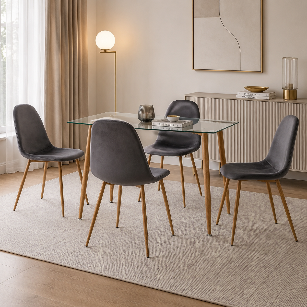 Comedor 4 Ptos Harrison Microfibra Gris, Natural