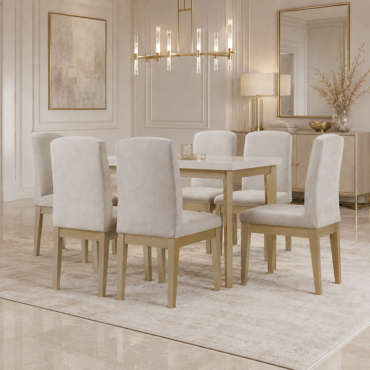 Comedor 6 Puestos Milu Velvet Suprema Sand, Champaña
