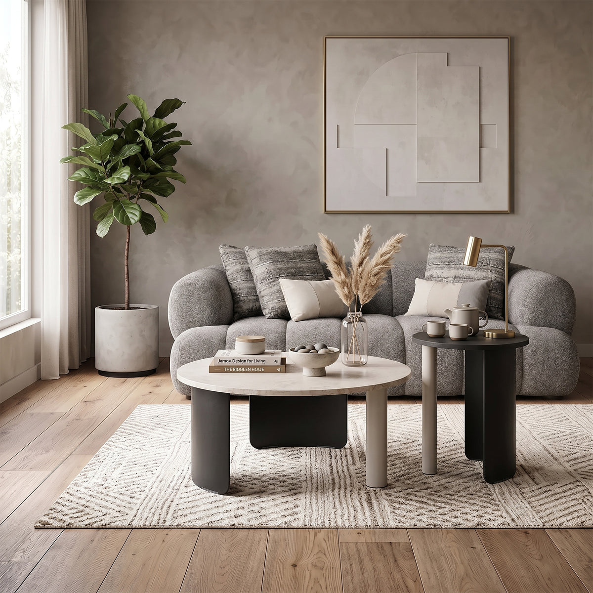Combo Sofá 3 Puestos Darcy Velvet Gris + Set X2 Mesa de Centro Thiara Marmolado, Negro