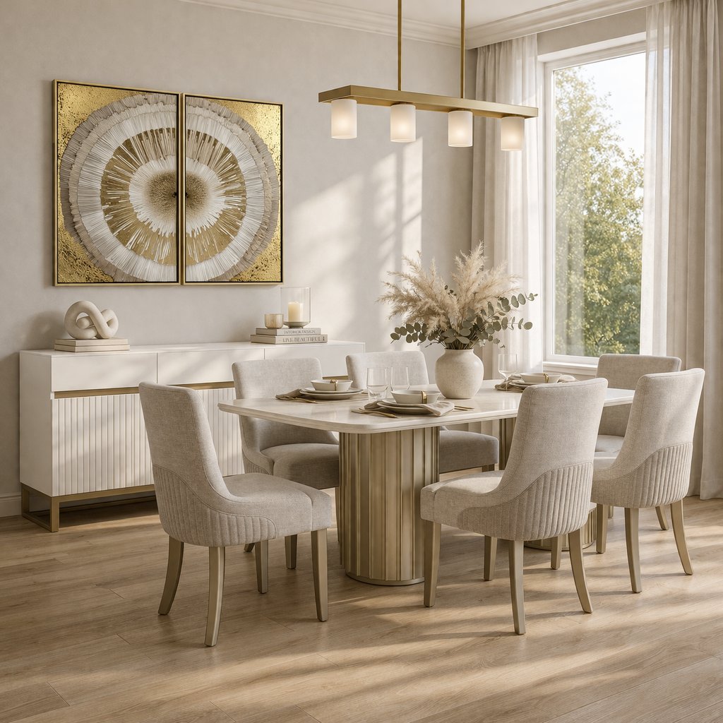Comedor 6 Puestos Firence Lino Touch Almendra, Verona Beige, Champaña, Off White