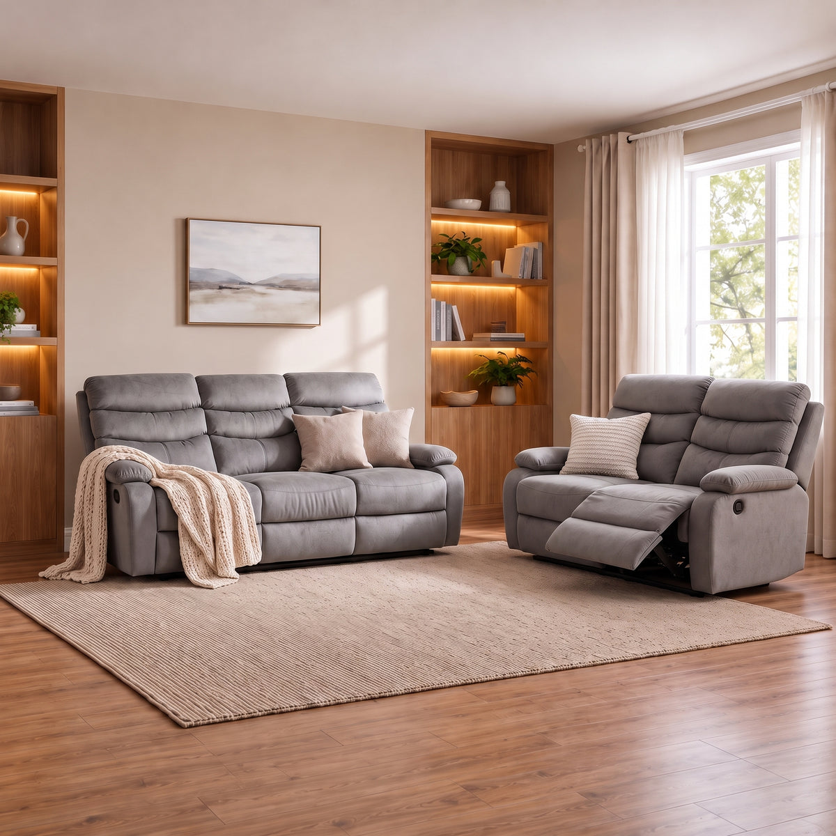 Combo Sofá Reclinable 3 Puestos Foster Velvet Gris + Sofá Reclinable 2 Puestos Foster Velvet Gris