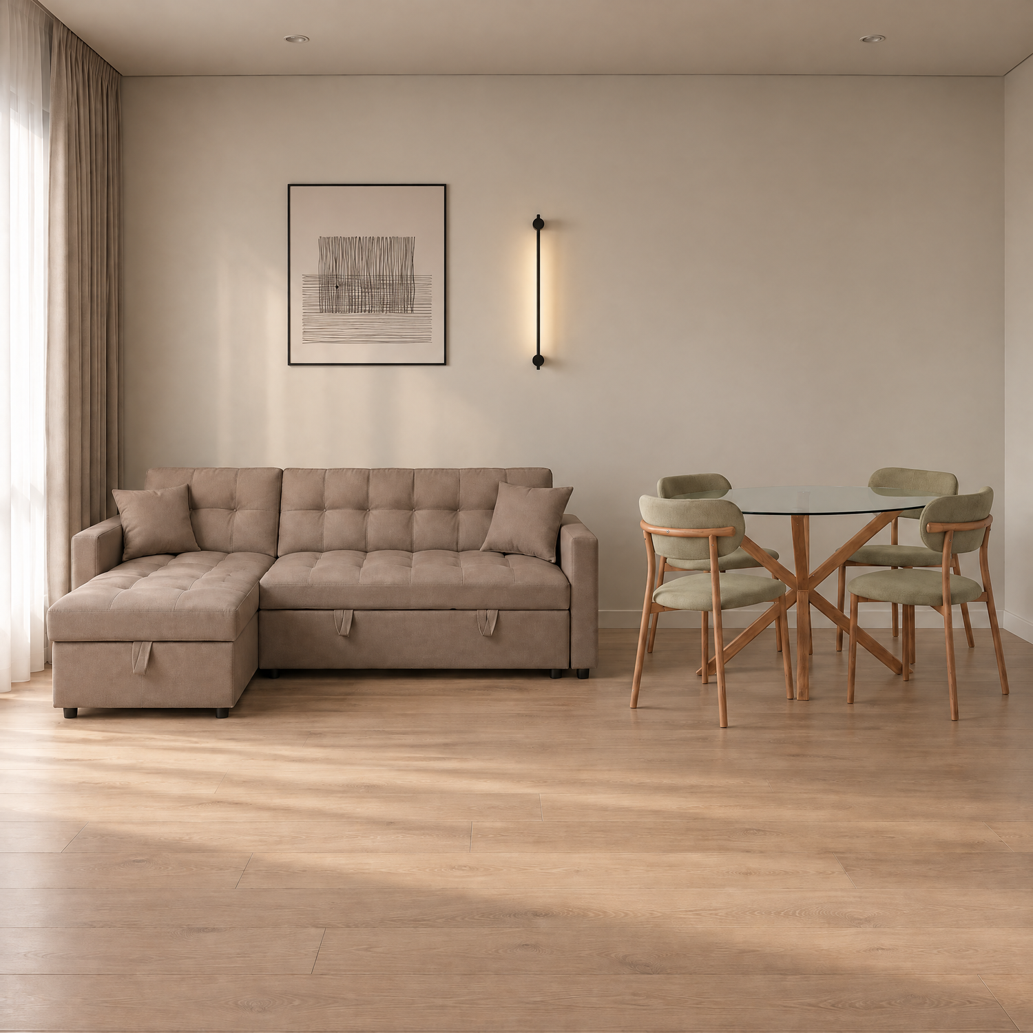 Combo Sala Cama Lenon Microfibra Café + Comedor 4 Puestos Dousty Verde, Natural