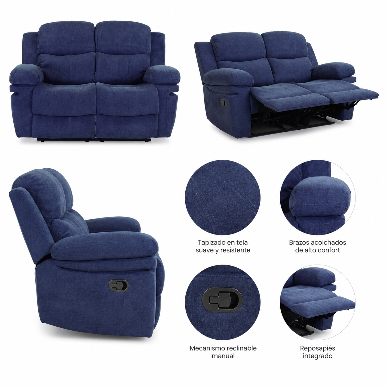 Sofá Reclinable 2 Ptos Nordis Azul