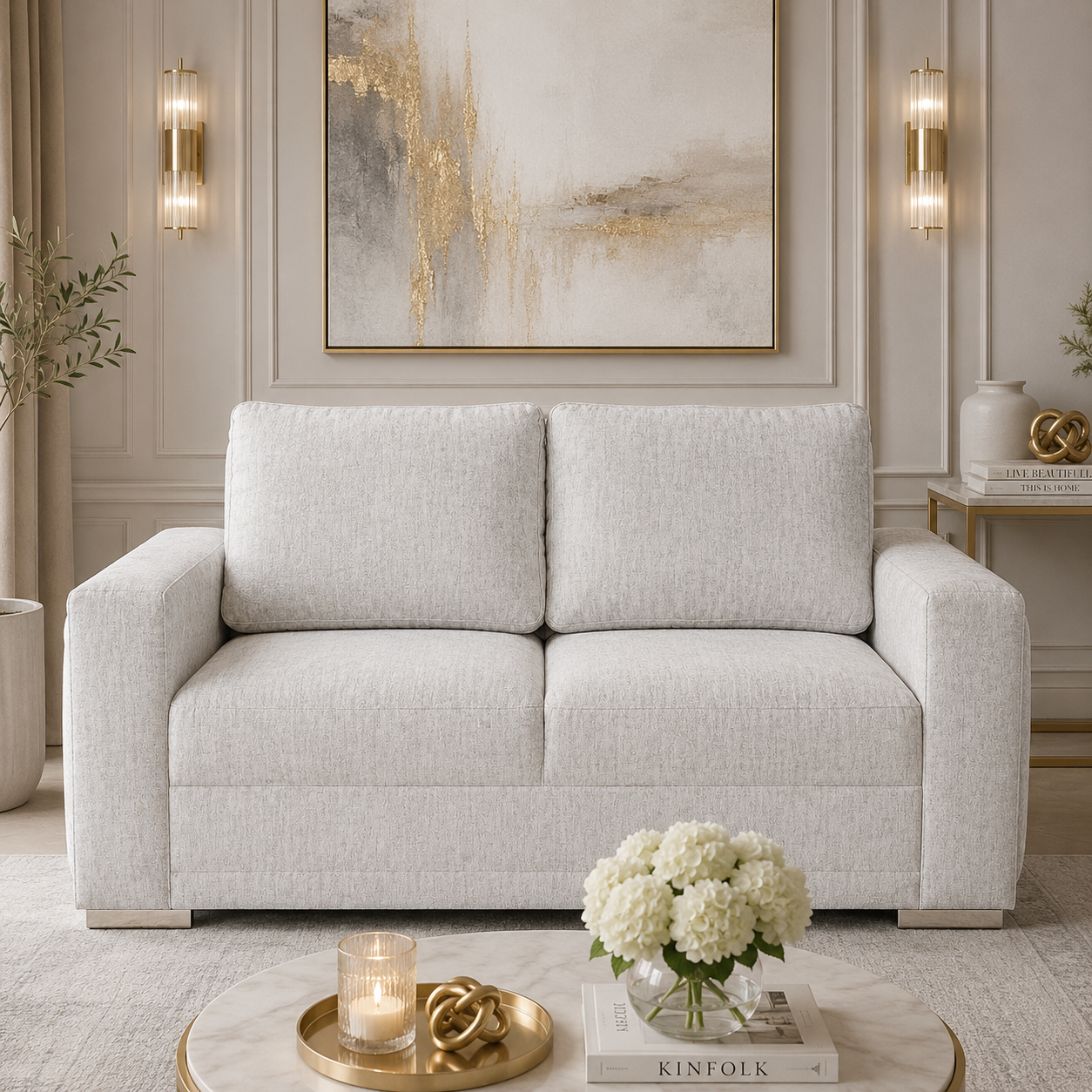 Sofá 2 Puestos Roma Veltet Atlas Marmol, Champaña Premium