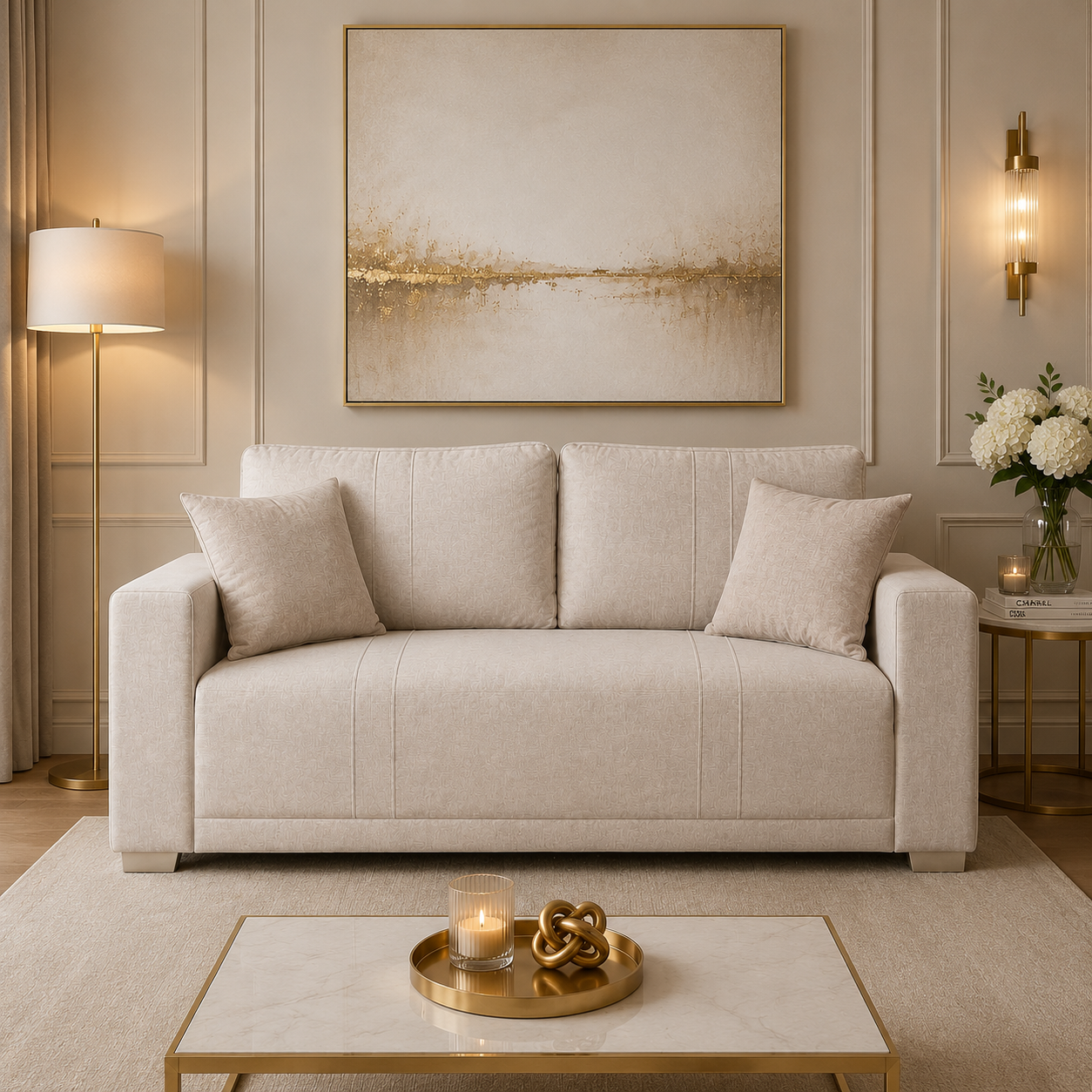 Sofá 3 Puestos Alcala Velvet Idilio Beige, Taupe y Champaña