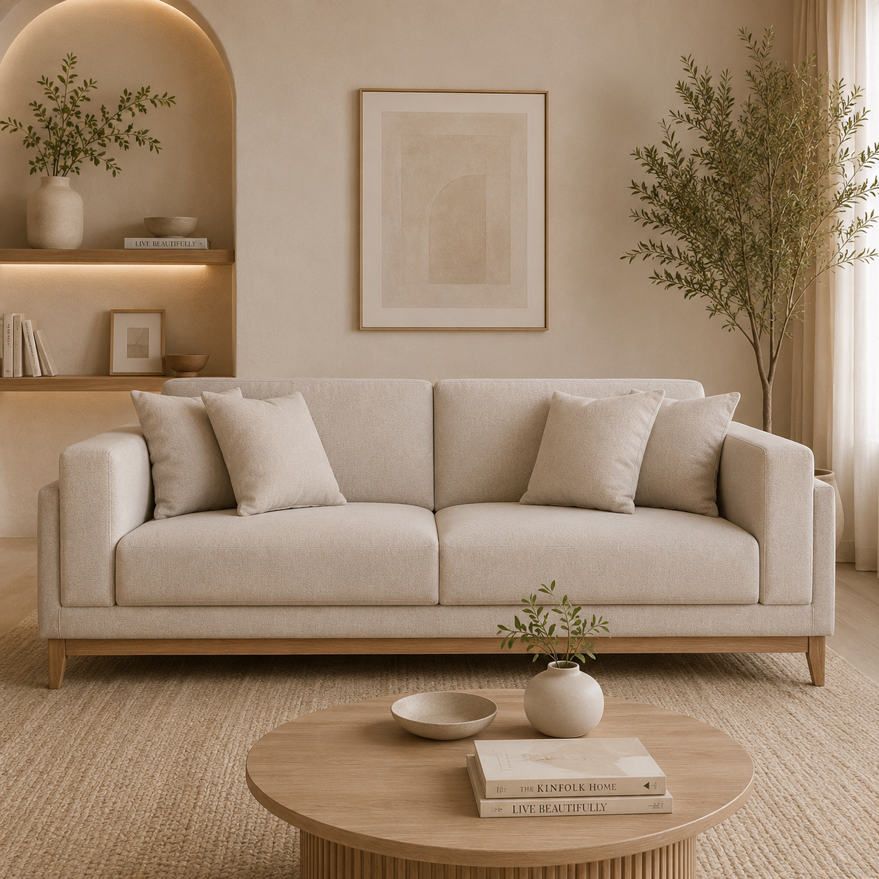 Sofá 3 Puestos Denise Lino Verona Beige, Natural