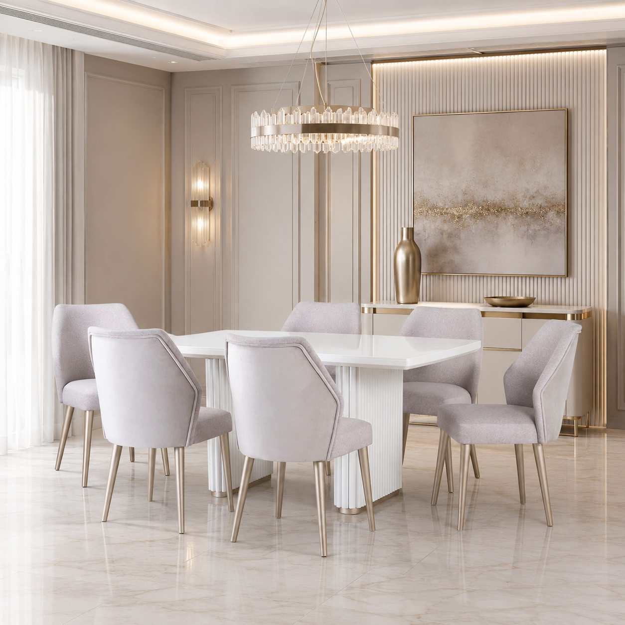 Comedor 6 Puestos Brooklyn Velvet Oporto Crudo, Champaña