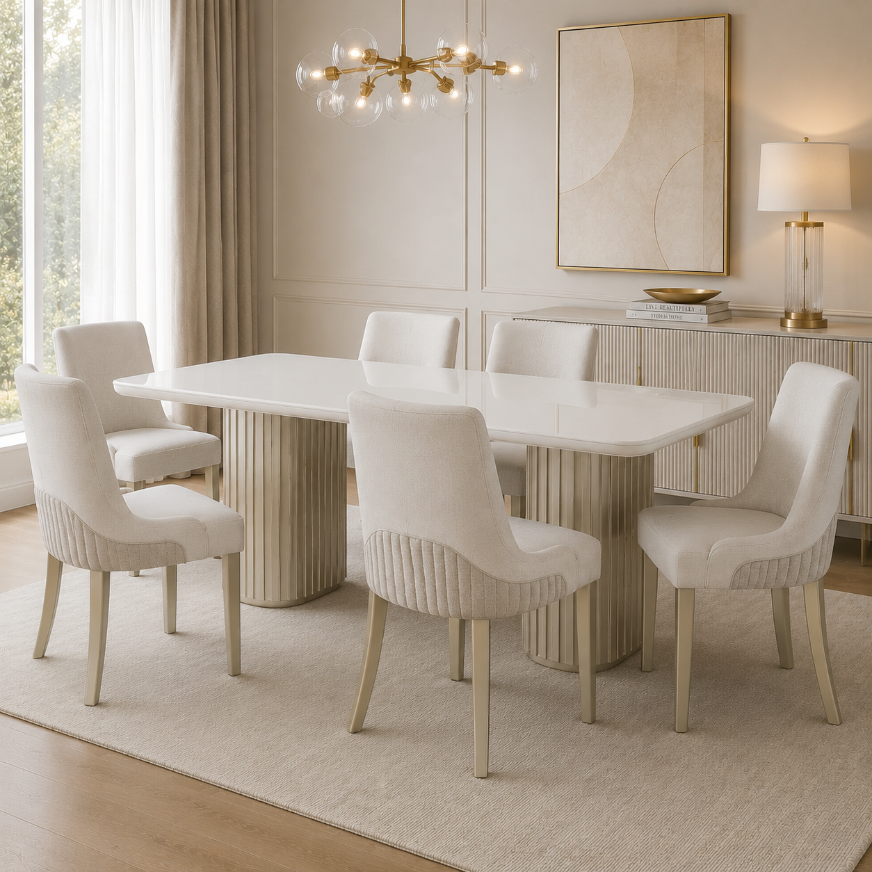 Comedor 6 Puestos Firence Lino Touch Almendra, Verona Beige, Champaña, Off White