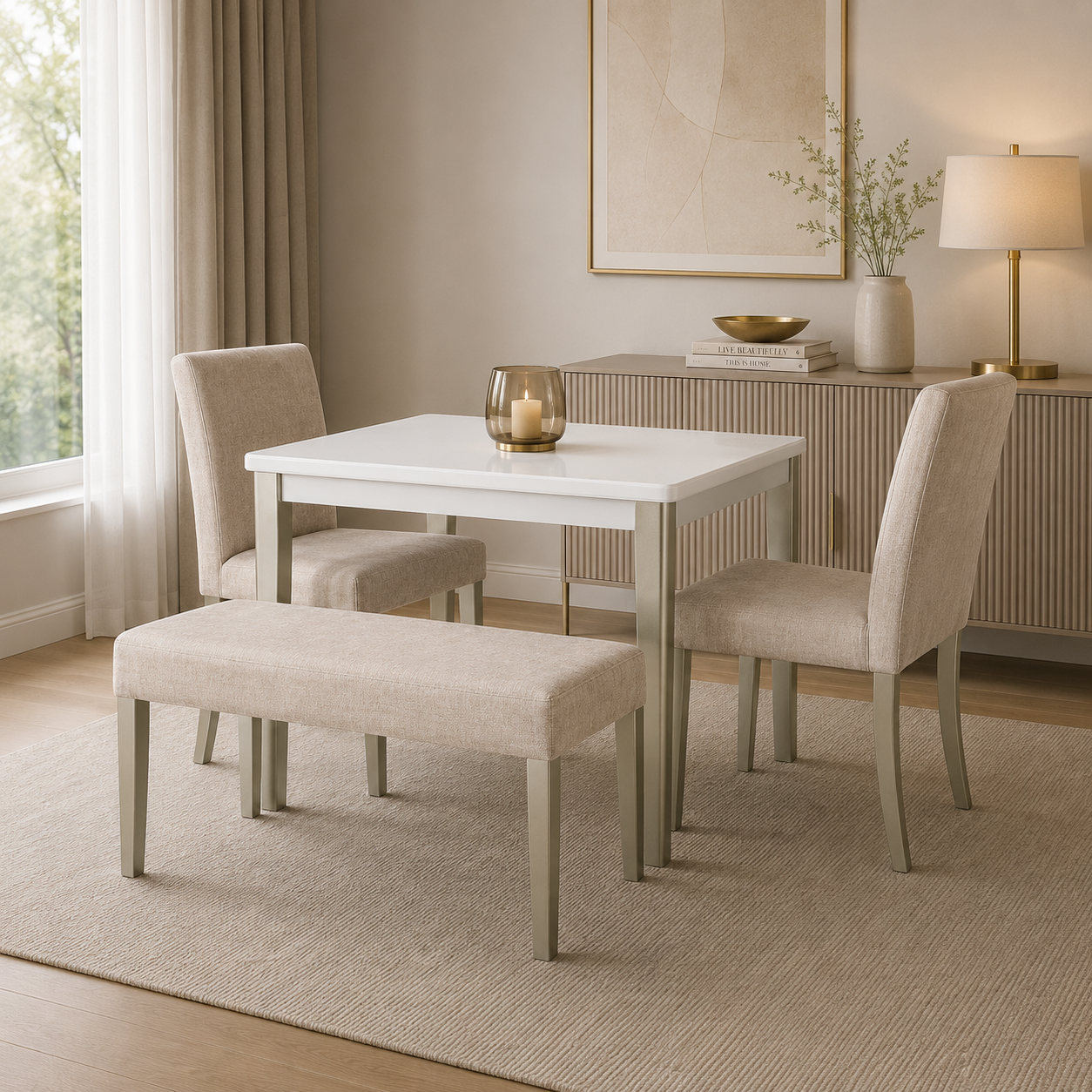 Comedor 4 Ptos Line Velvet Azafran Crudo, Champaña