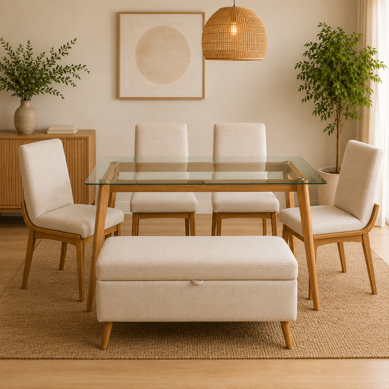 Comedor 6 Puestos Milenium Lino Crudo Base para Vidrio 4 Sillas + Butaca