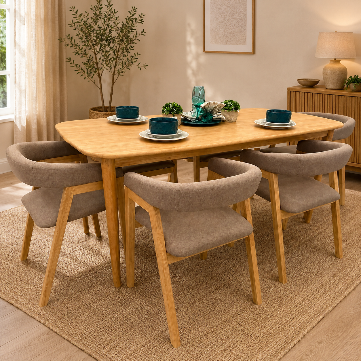 Comedor 6 Puestos Toronto Lino Mocca, Natural