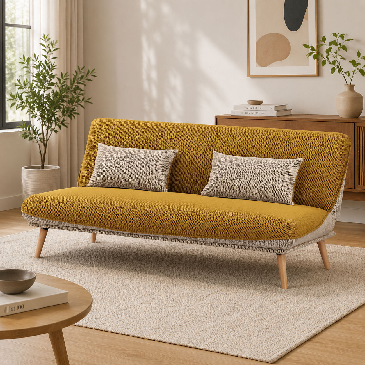 Sofá Cama Ethan Lino Amarillo, Beige