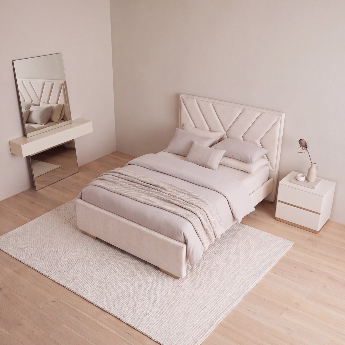 Combo Cama Queen Vallarta Lino Marfil, Champaña + Nocheros Harrison 2 Gavetas Greige, Champaña + Marco Espejo Lux Off White