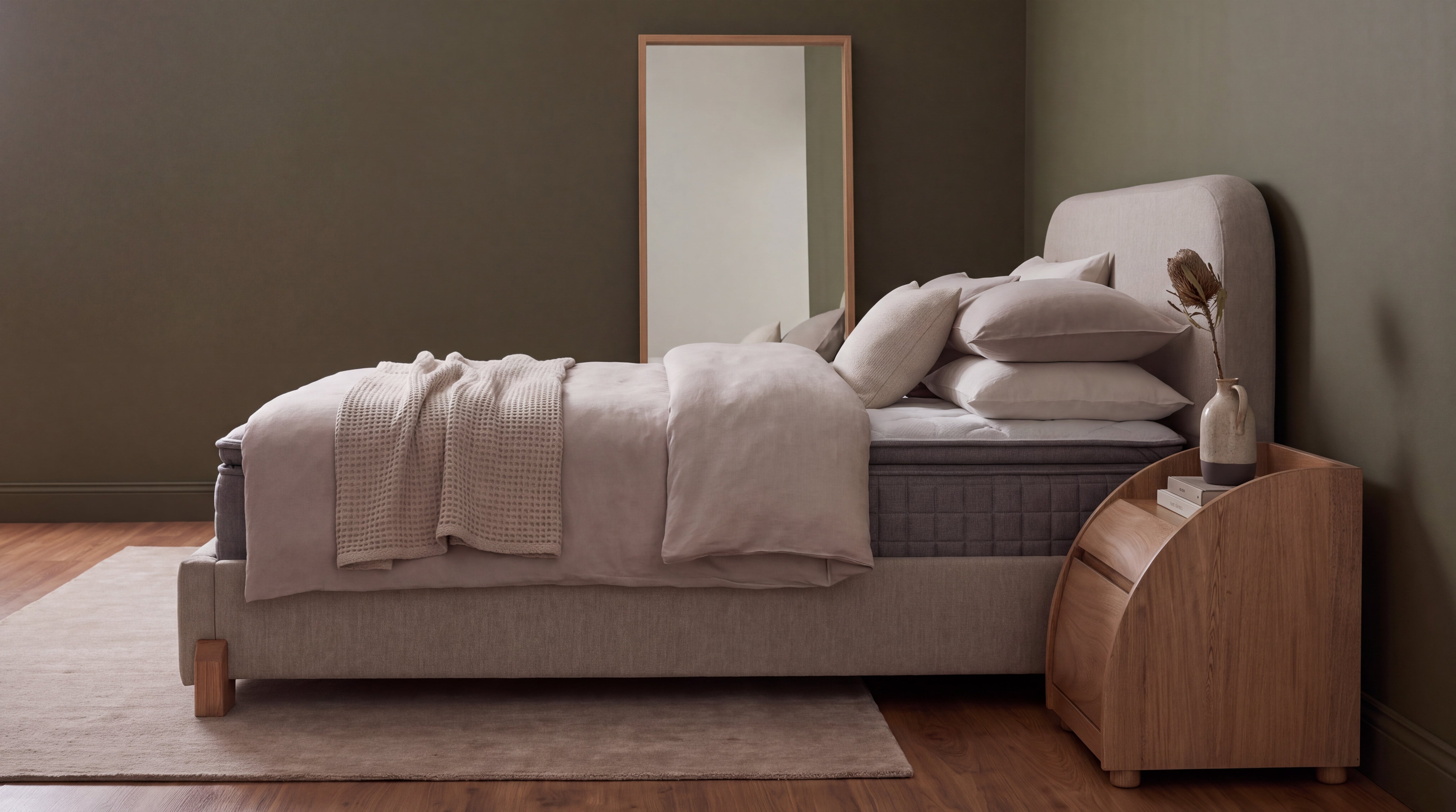 Combo Cama King Denver Lino Taupe, Natural + Colchón Siesta + Tocador Denzel Natural + Nochero Estambul Natural