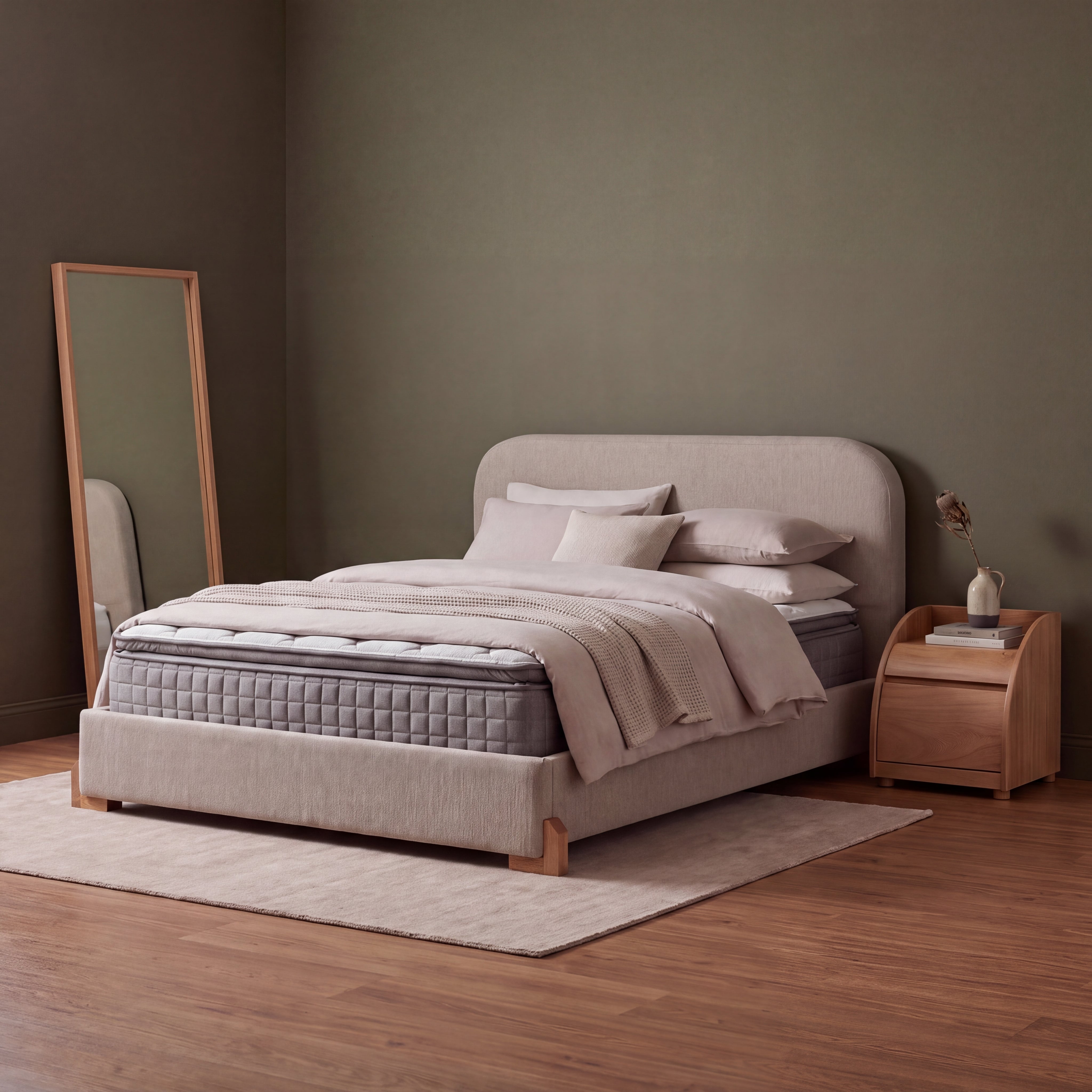 Combo Cama King Denver Lino Taupe, Natural + Colchón Siesta + Tocador Denzel Natural + Nochero Estambul Natural