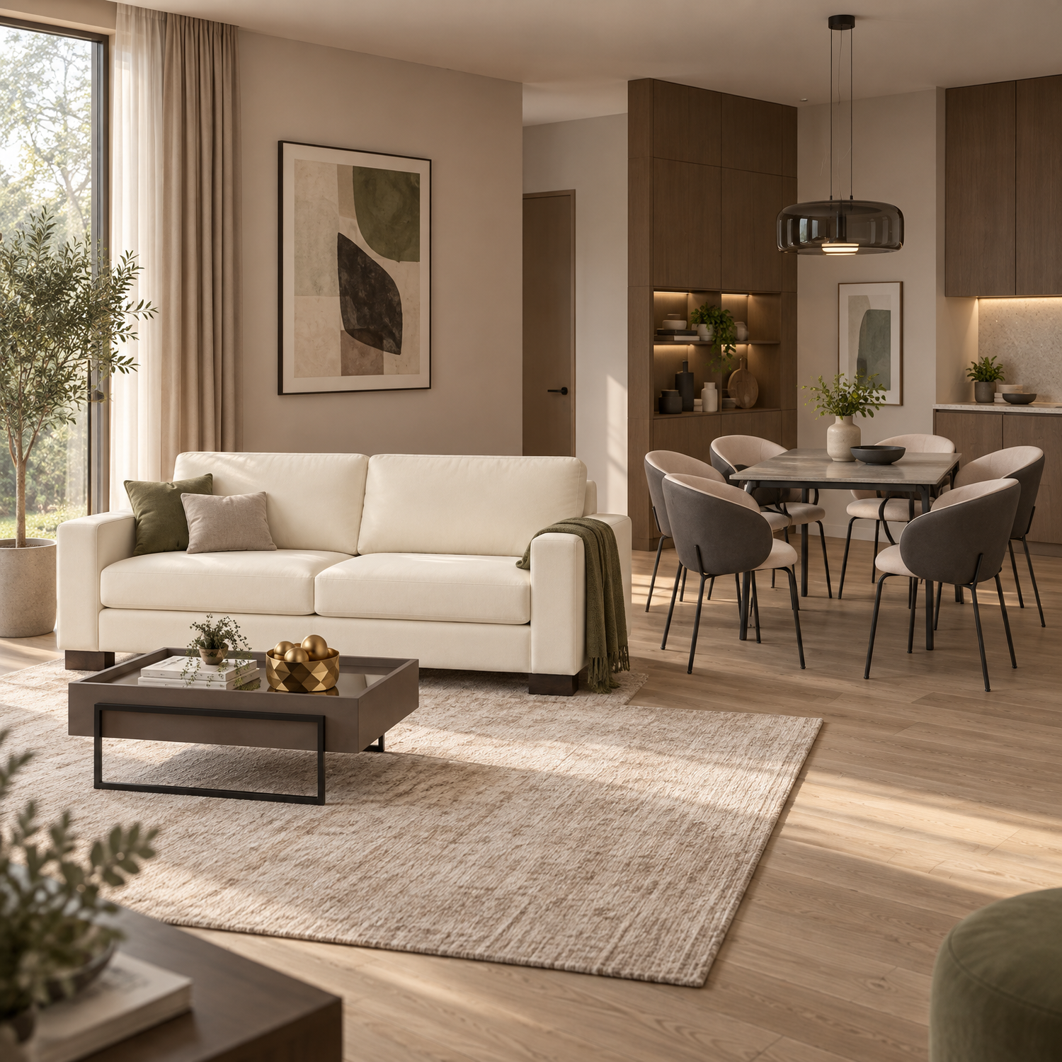 Combo Sofá 3 Puestos Cadiz Lino Beige + Comedor 6 Puestos Plus Velvet Plata, Gris Plomo + Mesa de Centro Loft Gris Plomo, Negro